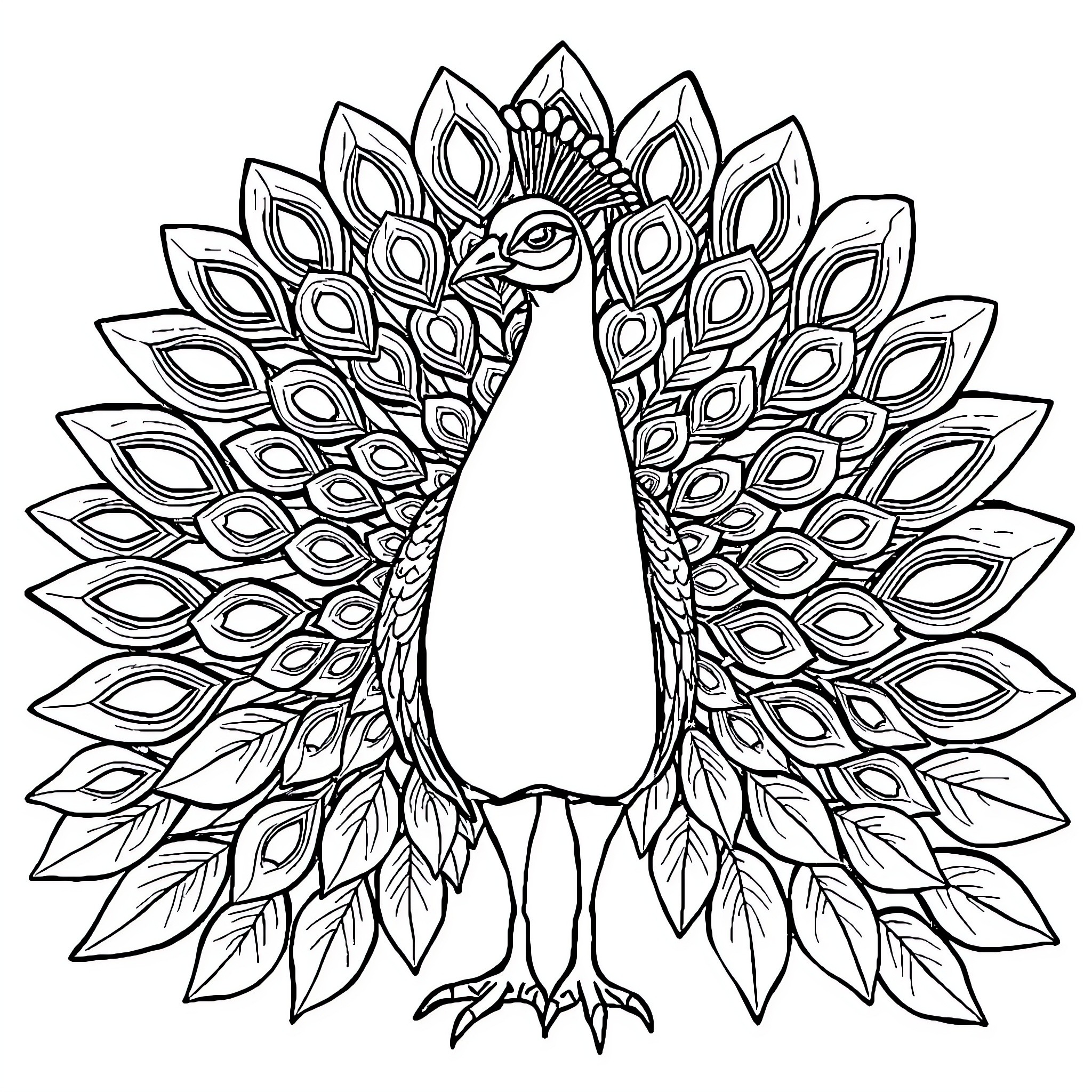 Peacock displaying its magnificent feathers Coloring Page (free black-and-white line drawing printable PDF for all, from beginners to advanced learners, including children, teens, adults, and seniors)