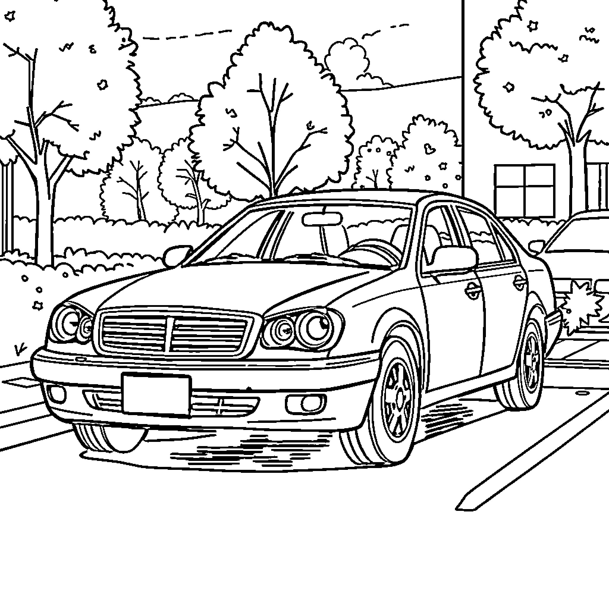 Car parked on road surrounded by trees Coloring Page (free black-and-white line drawing printable PDF for all, from beginners to advanced learners, including children, teens, adults, and seniors)