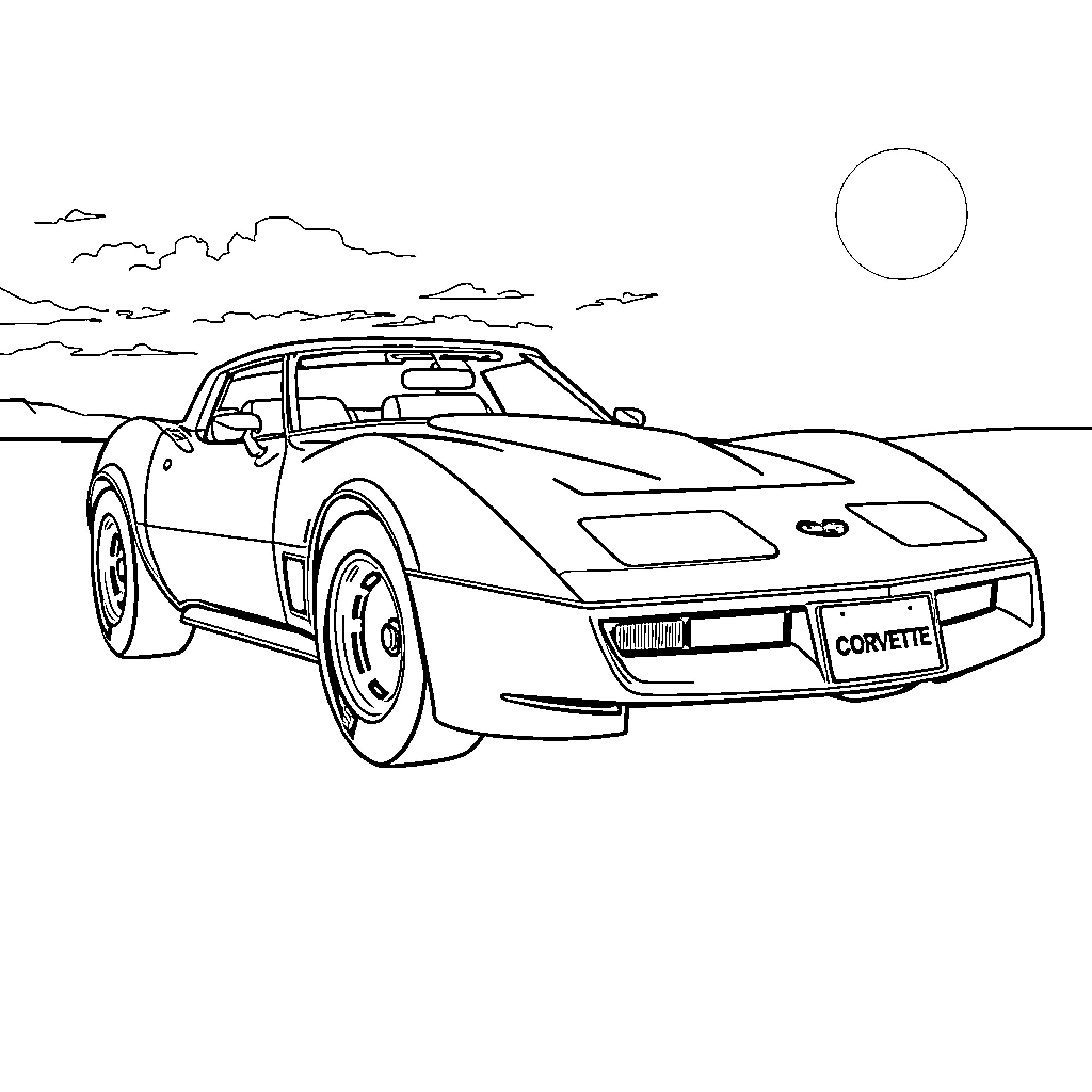 Corvette speeding through the open road Coloring Page (free black-and-white line drawing printable PDF for all, from beginners to advanced learners, including children, teens, adults, and seniors)