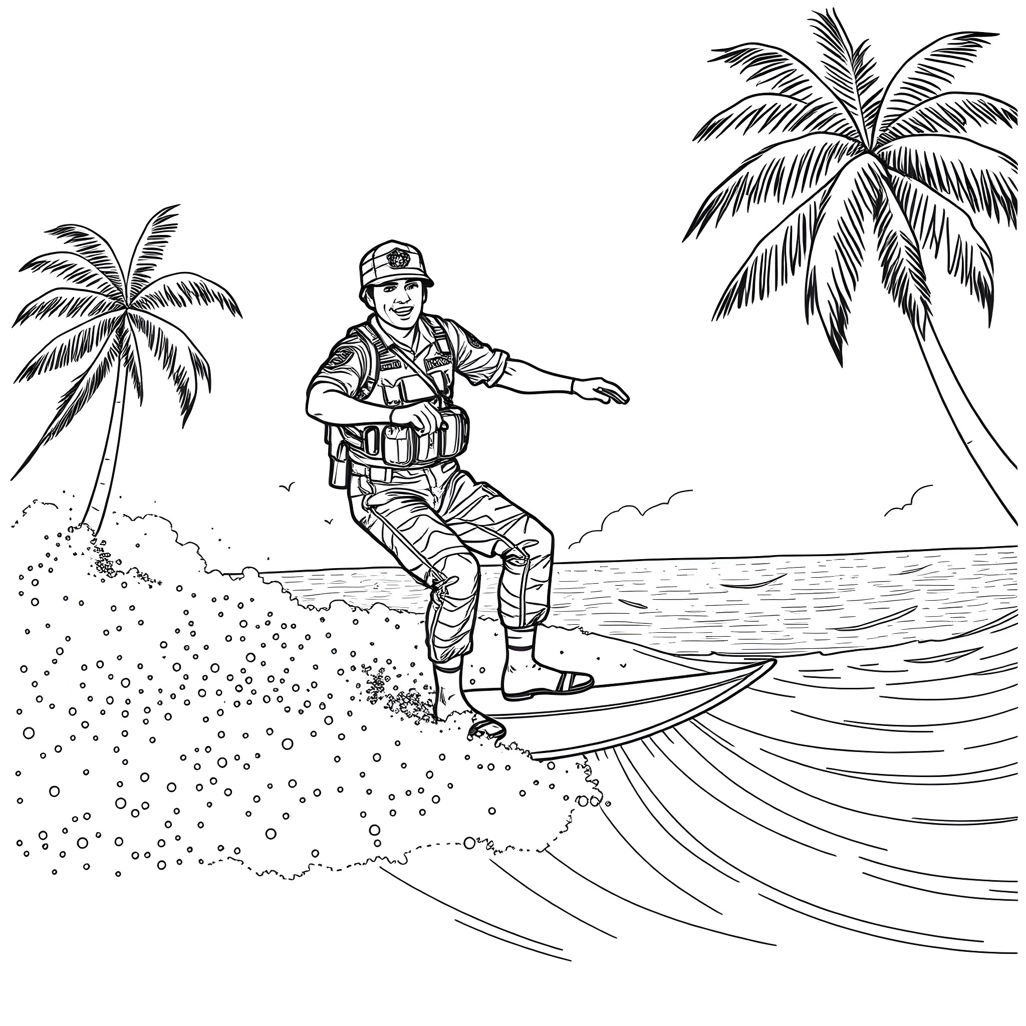 Army Officer surfing on the waves near palm trees Coloring Page (free black-and-white line drawing printable PDF for all, from beginners to advanced learners, including children, teens, adults, and seniors)