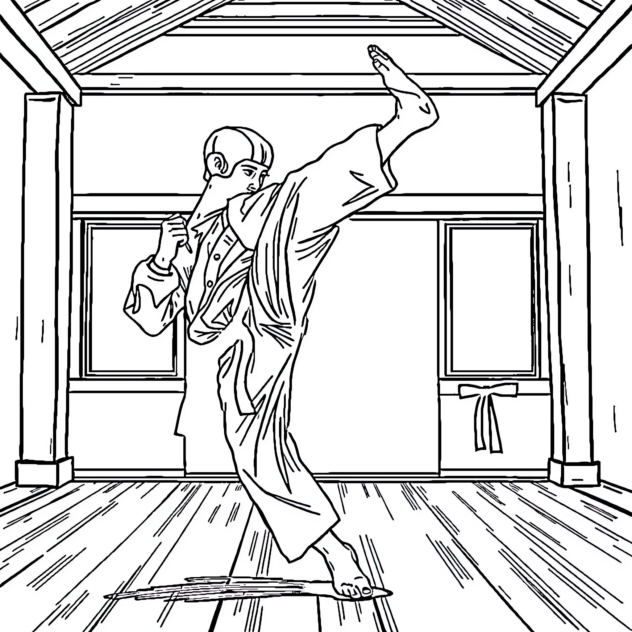Taekwondo athlete in dynamic martial arts pose Coloring Page (free black-and-white line drawing printable PDF for all, from beginners to advanced learners, including children, teens, adults, and seniors)