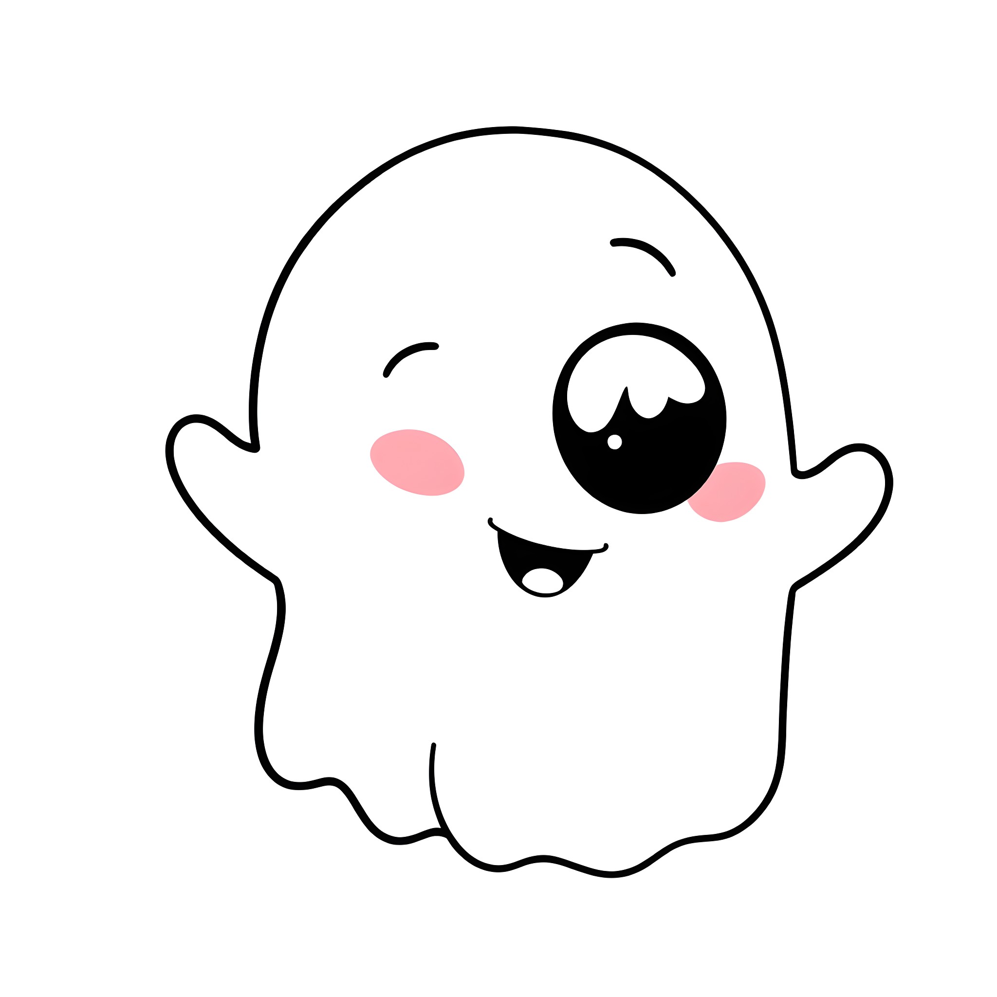 Ghost with a playful expression Coloring Page (free black-and-white line drawing printable PDF for all, from beginners to advanced learners, including children, teens, adults, and seniors)