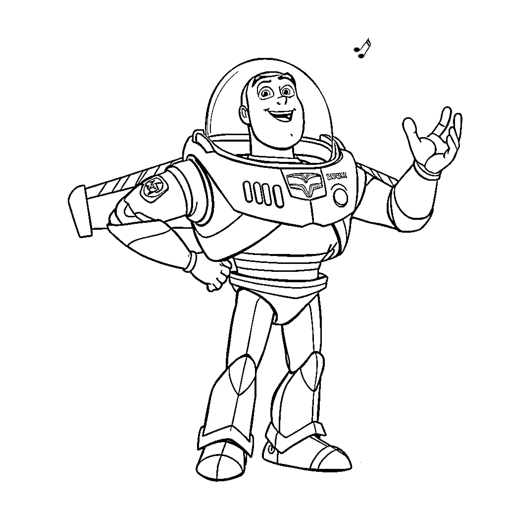 Buzz Lightyear in action pose Coloring Page (free black-and-white line drawing printable PDF for all, from beginners to advanced learners, including children, teens, adults, and seniors)
