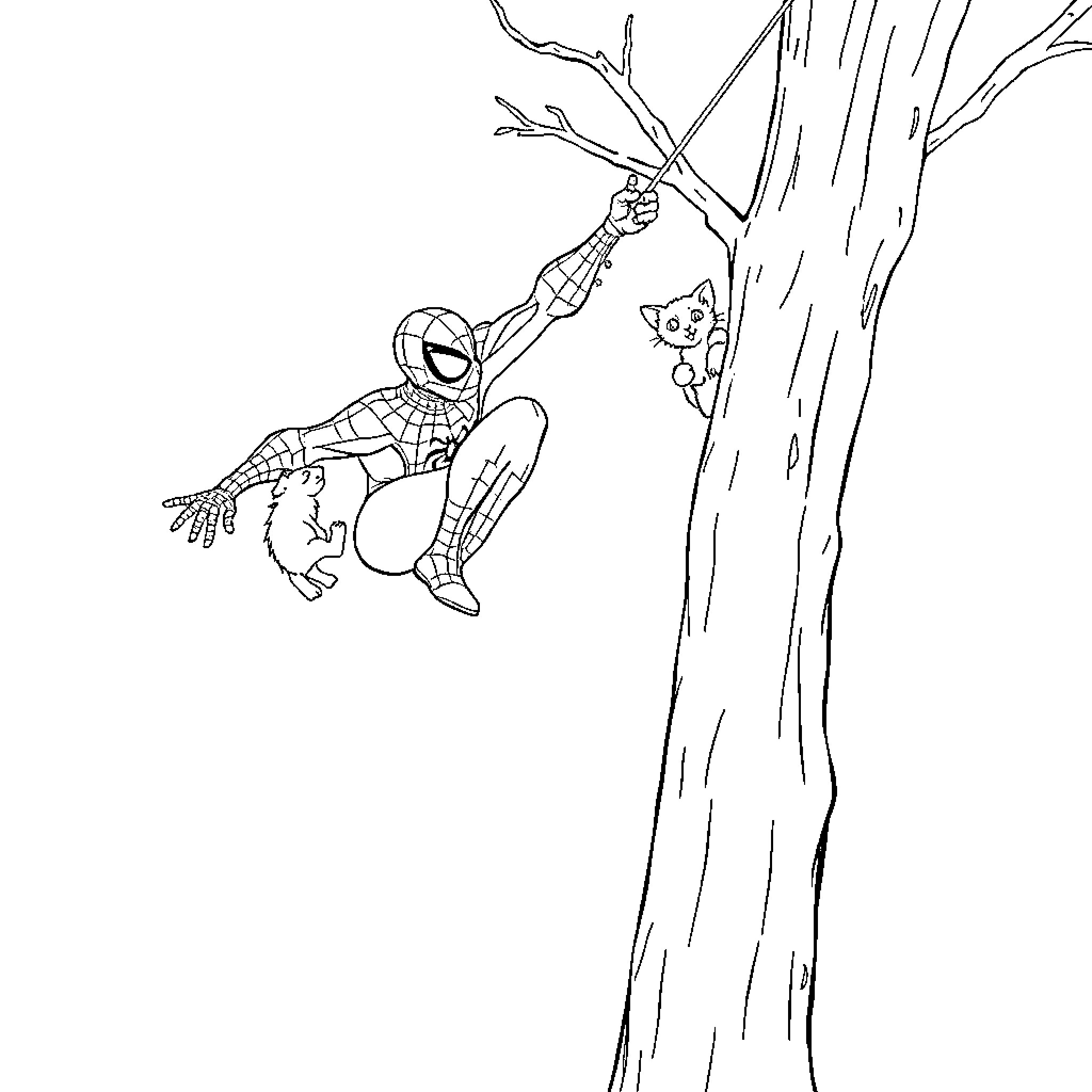 Spiderman scaling a tree to rescue a kitten Coloring Page (free black-and-white line drawing printable PDF for all, from beginners to advanced learners, including children, teens, adults, and seniors)