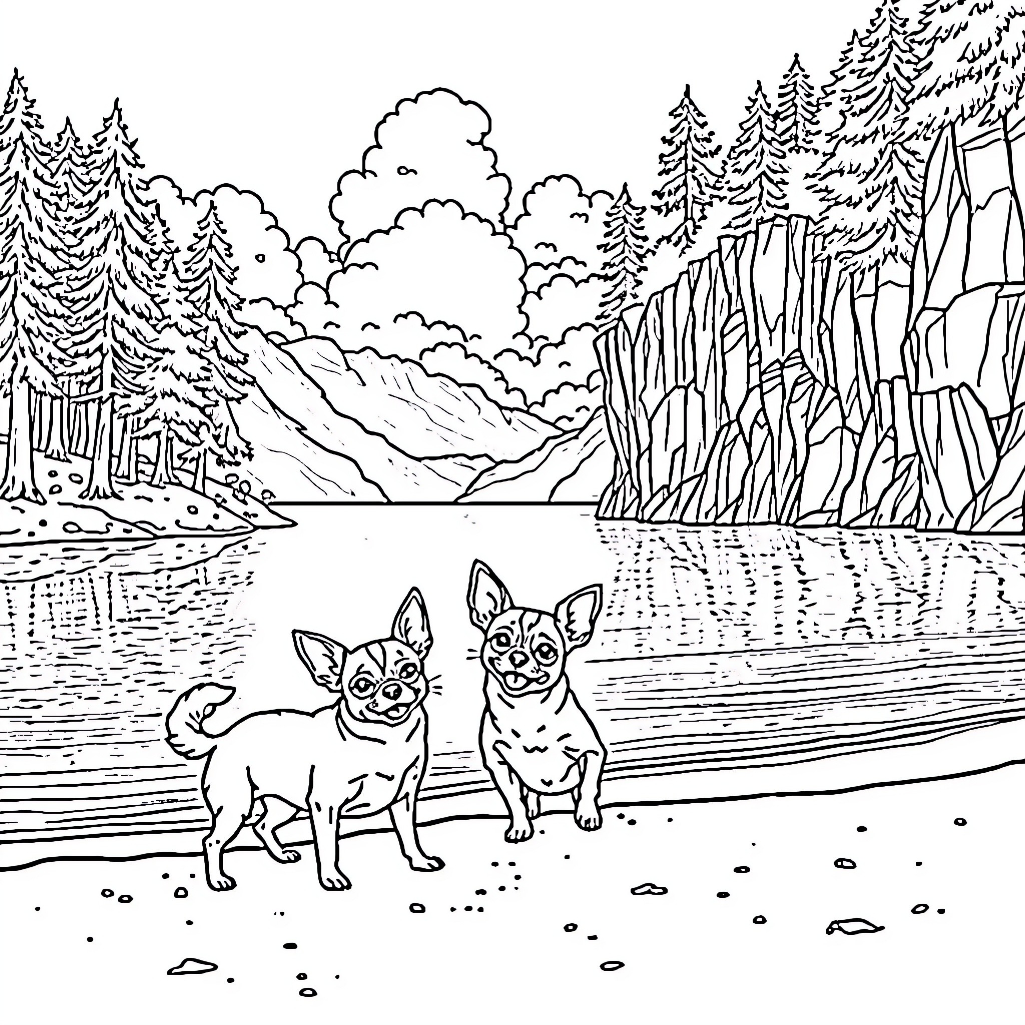 Chihuahuas Exploring the Wilderness Landscape Coloring Page (free black-and-white line drawing printable PDF for all, from beginners to advanced learners, including children, teens, adults, and seniors)