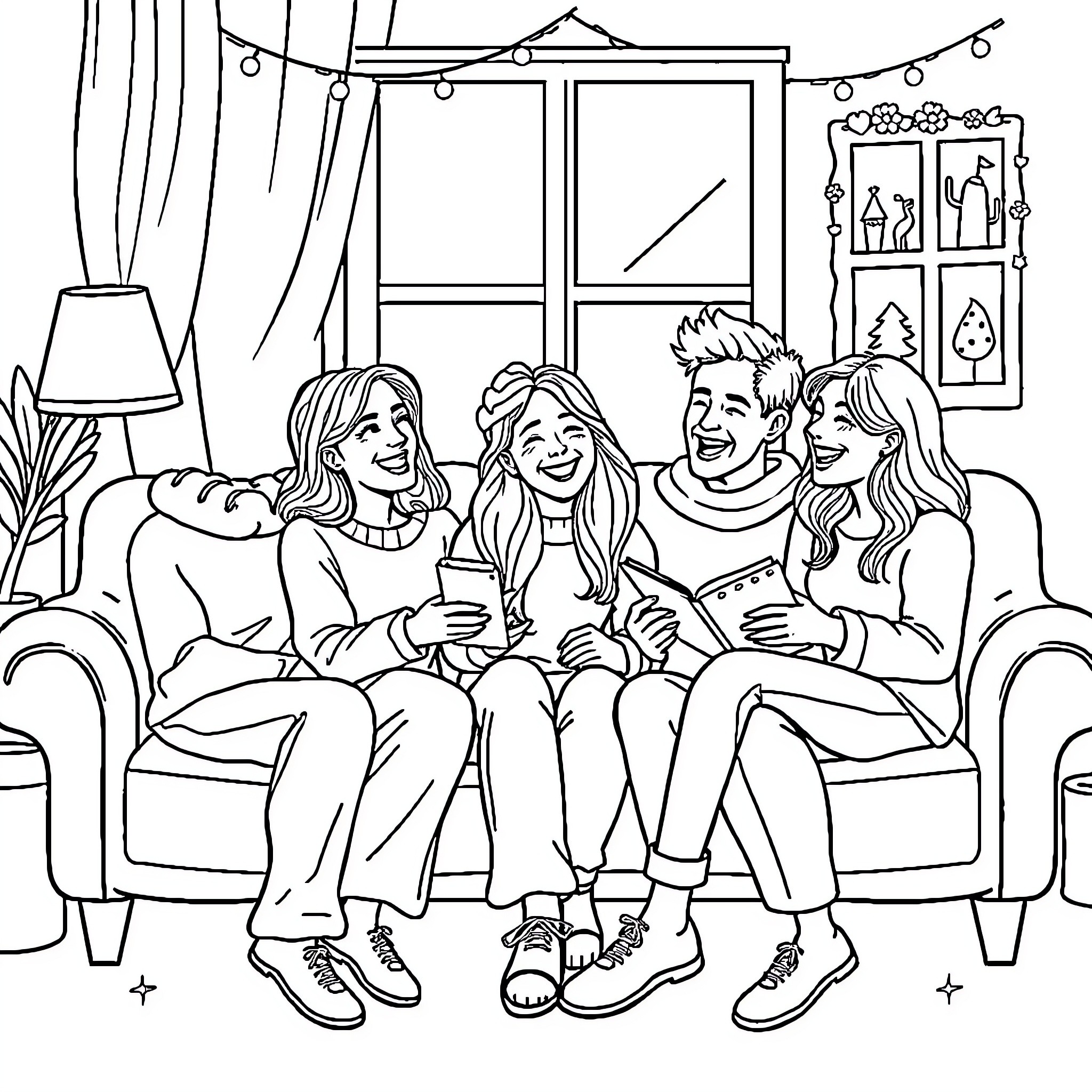 Friend's cozy holiday gathering Coloring Page (free black-and-white line drawing printable PDF for all, from beginners to advanced learners, including children, teens, adults, and seniors)