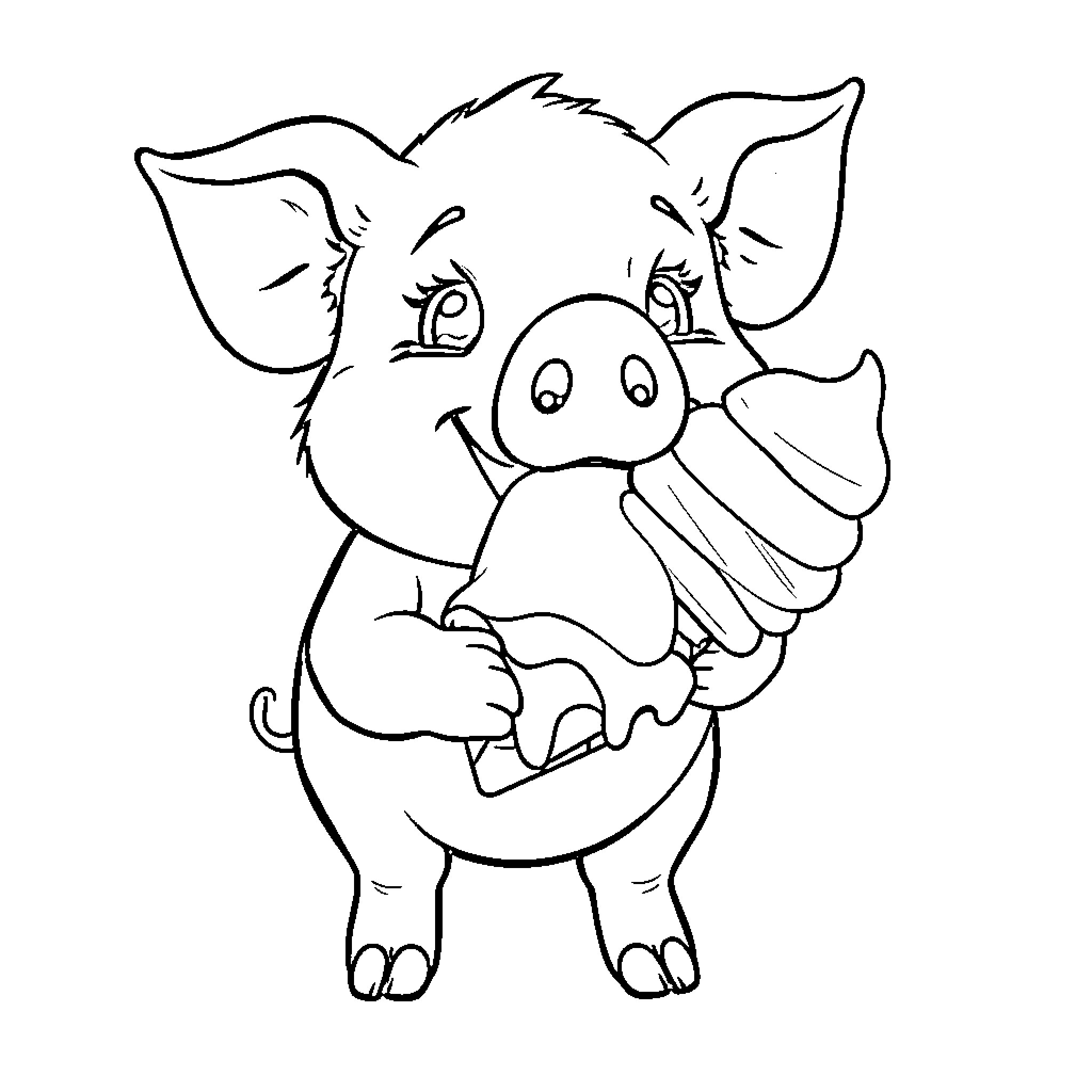 Pig playfully hugging a heart Coloring Page (free black-and-white line drawing printable PDF for all, from beginners to advanced learners, including children, teens, adults, and seniors)