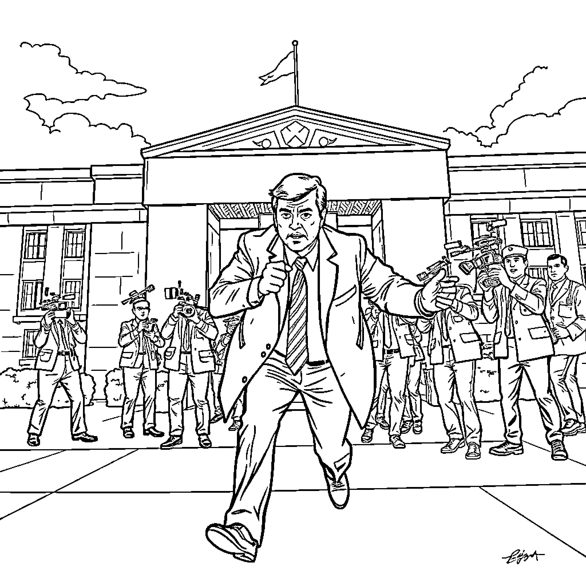 Pete Hegseth rallying a group of supporters outside a government building Coloring Page (free black-and-white line drawing printable PDF for all, from beginners to advanced learners, including children, teens, adults, and seniors)