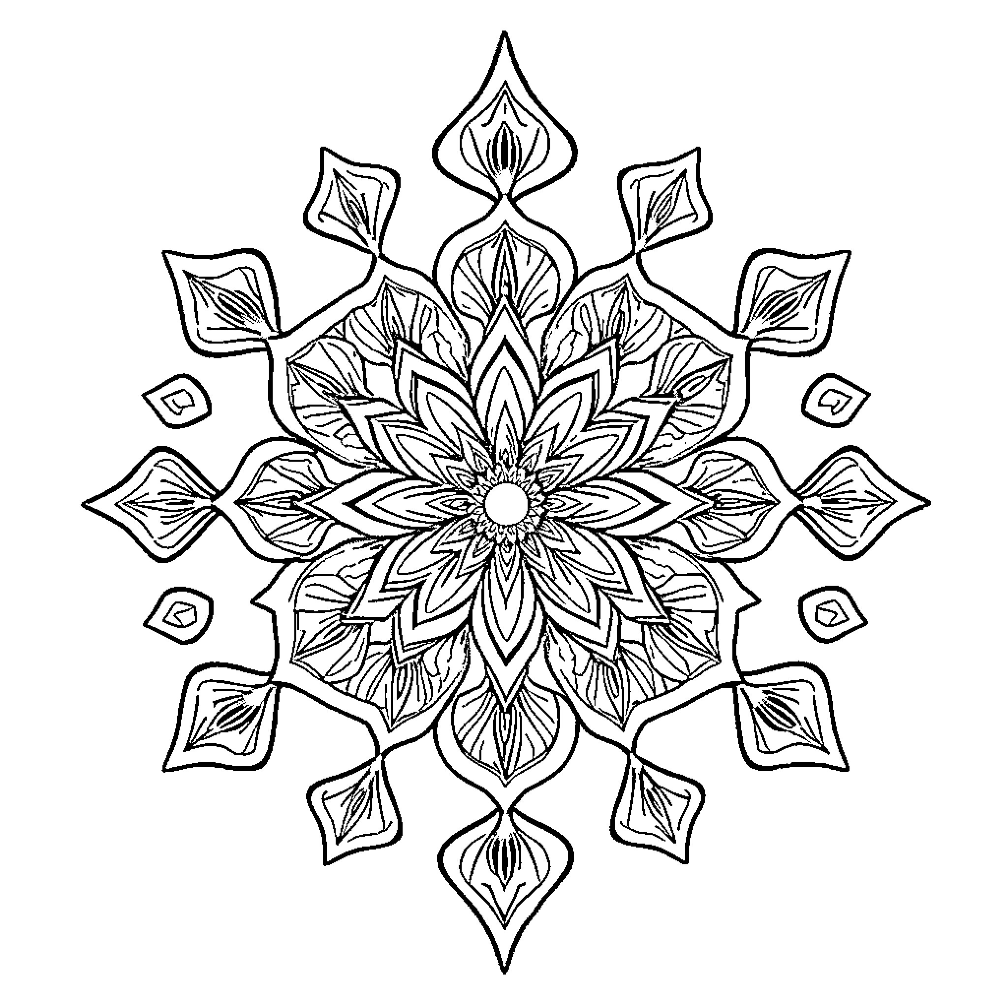 Cat-like Floral Mandala Design Coloring Page (free black-and-white line drawing printable PDF for all, from beginners to advanced learners, including children, teens, adults, and seniors)