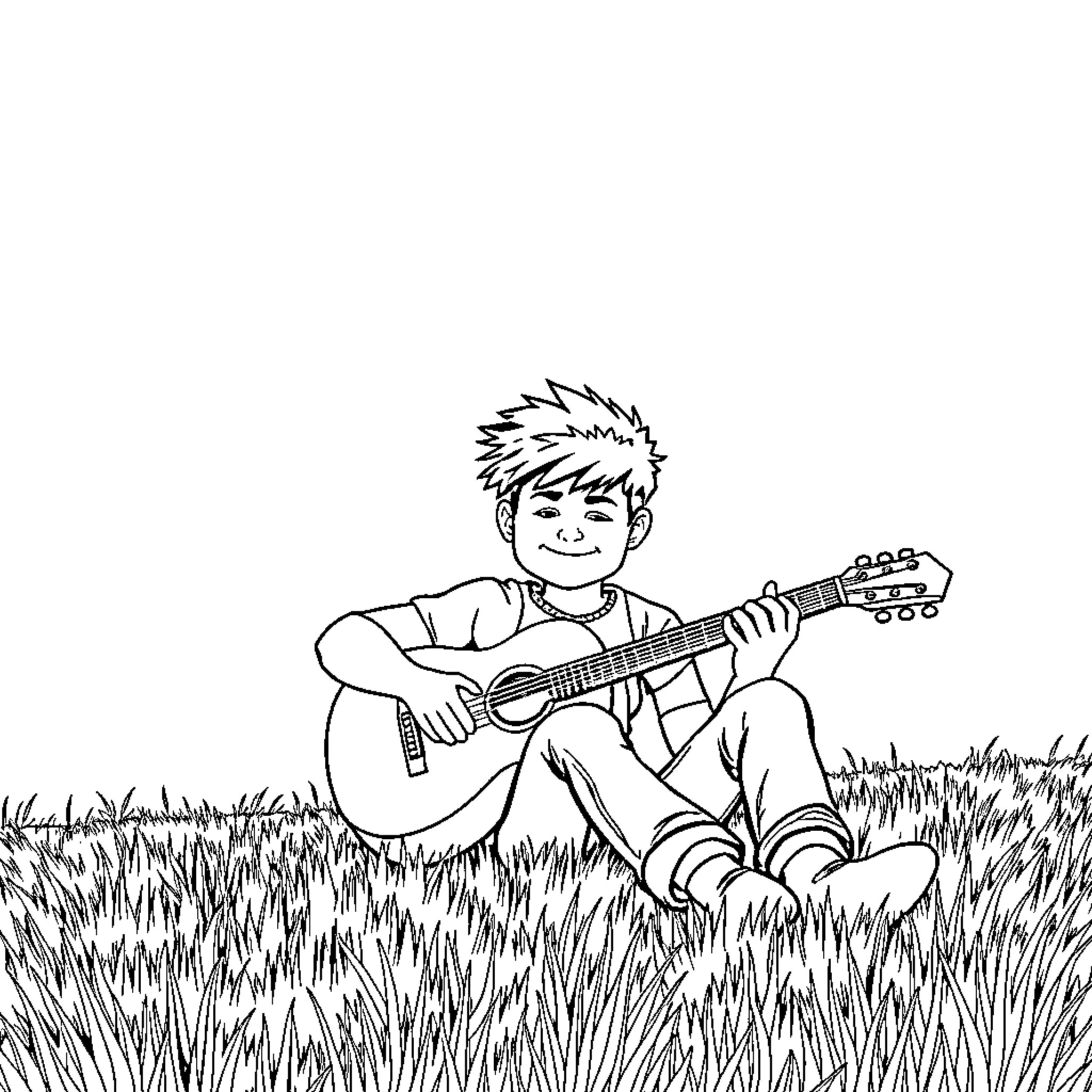 Rudo enjoying guitar in nature Coloring Page (free black-and-white line drawing printable PDF for all, from beginners to advanced learners, including children, teens, adults, and seniors)