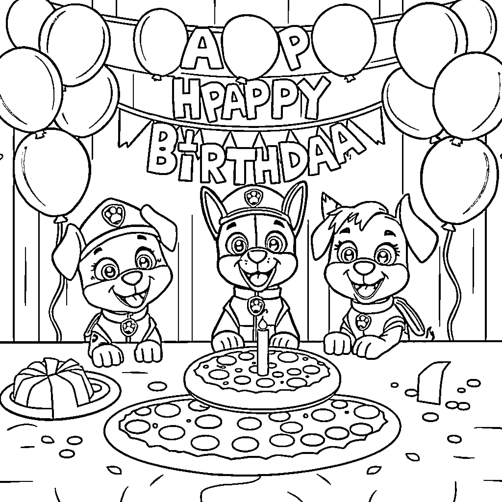 Paw Patrol Celebrates Happy Birthday with Cake and Balloons Coloring Page (free black-and-white line drawing printable PDF for all, from beginners to advanced learners, including children, teens, adults, and seniors)