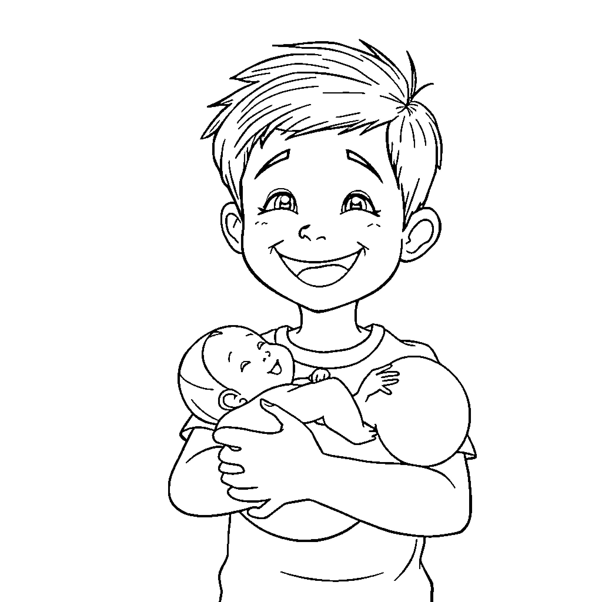 Kid holding and smiling at baby Coloring Page (free black-and-white line drawing printable PDF for all, from beginners to advanced learners, including children, teens, adults, and seniors)