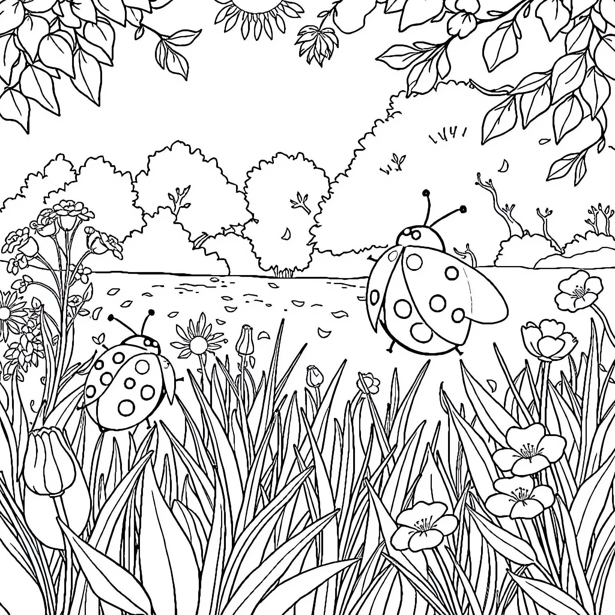 Ladybug exploring a lush garden Coloring Page (free black-and-white line drawing printable PDF for all, from beginners to advanced learners, including children, teens, adults, and seniors)