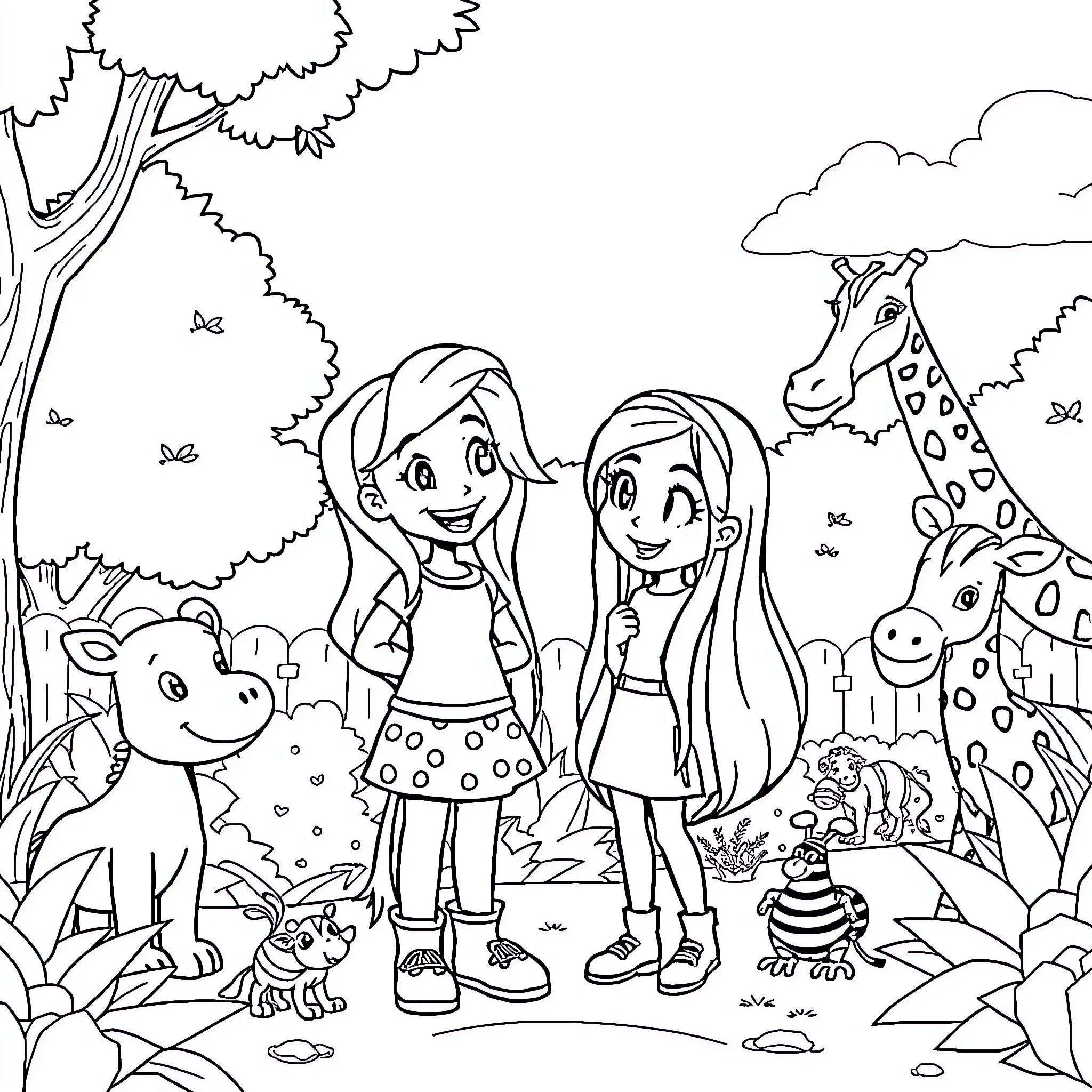 Gabby and friends explore the enchanted forest Coloring Page (free black-and-white line drawing printable PDF for all, from beginners to advanced learners, including children, teens, adults, and seniors)