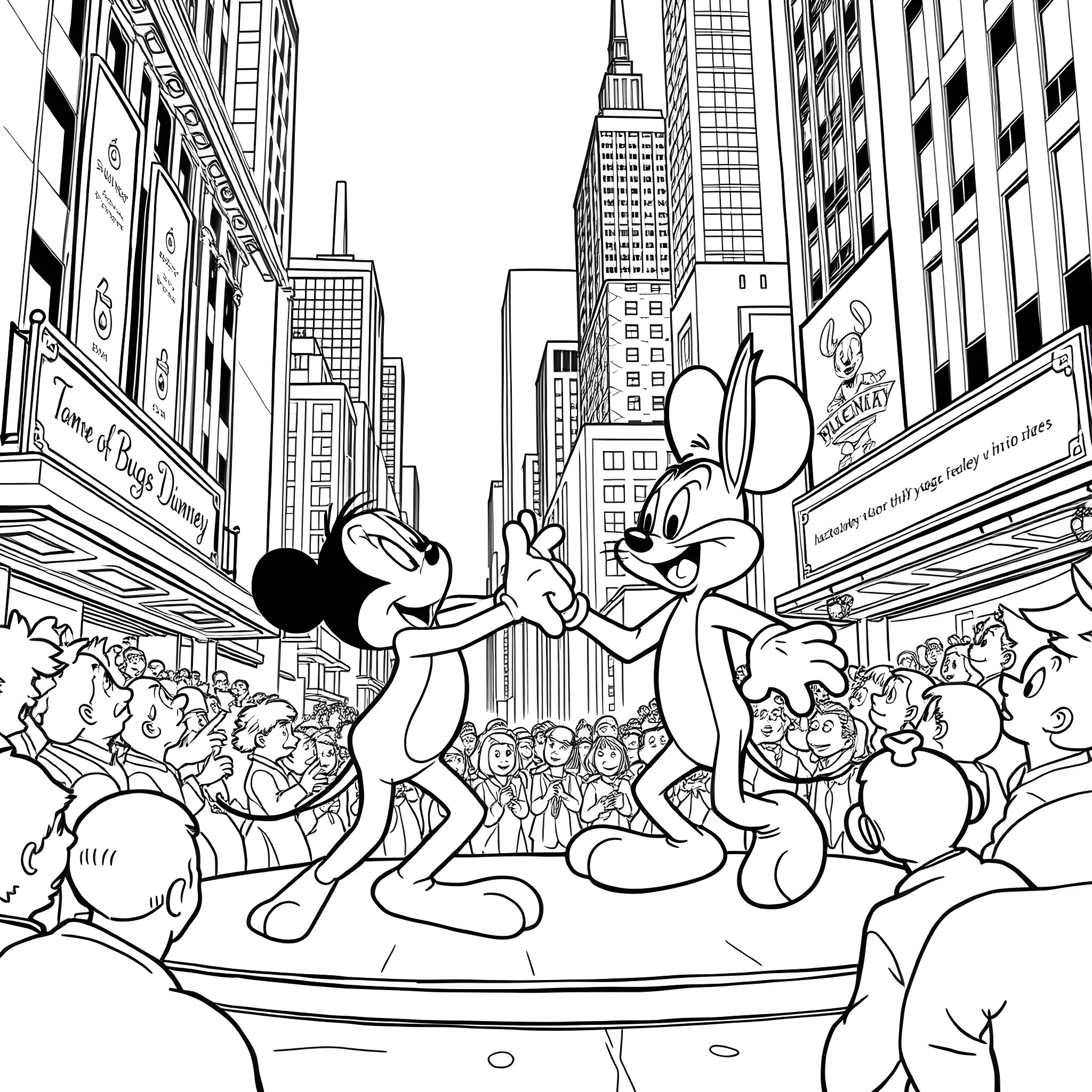 Bugs Bunny and Daffy Duck performing in a crowded city street Coloring Page (free black-and-white line drawing printable PDF for all, from beginners to advanced learners, including children, teens, adults, and seniors)