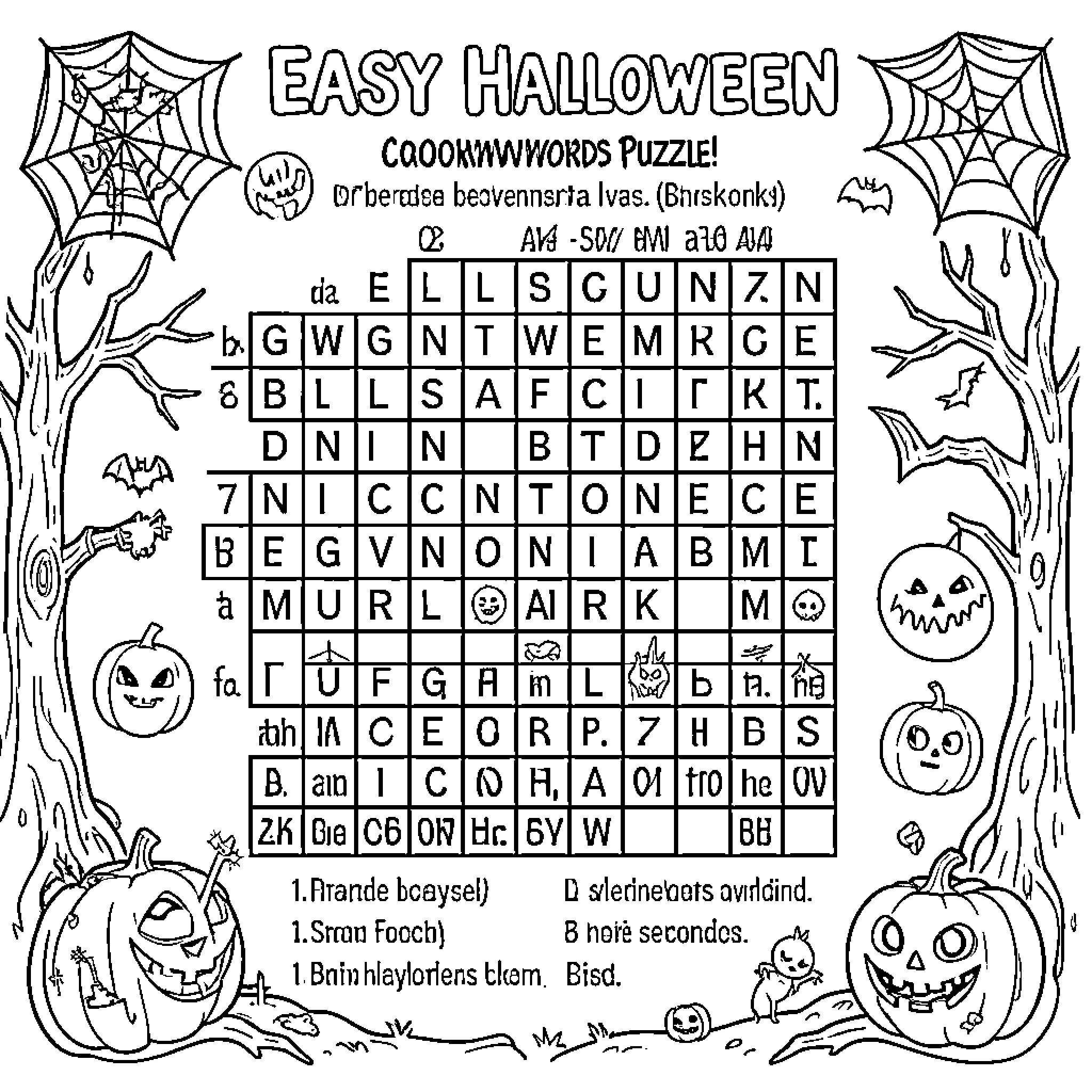 Halloween themed word search puzzle with spooky decorations Coloring Page (free black-and-white line drawing printable PDF for all, from beginners to advanced learners, including children, teens, adults, and seniors)