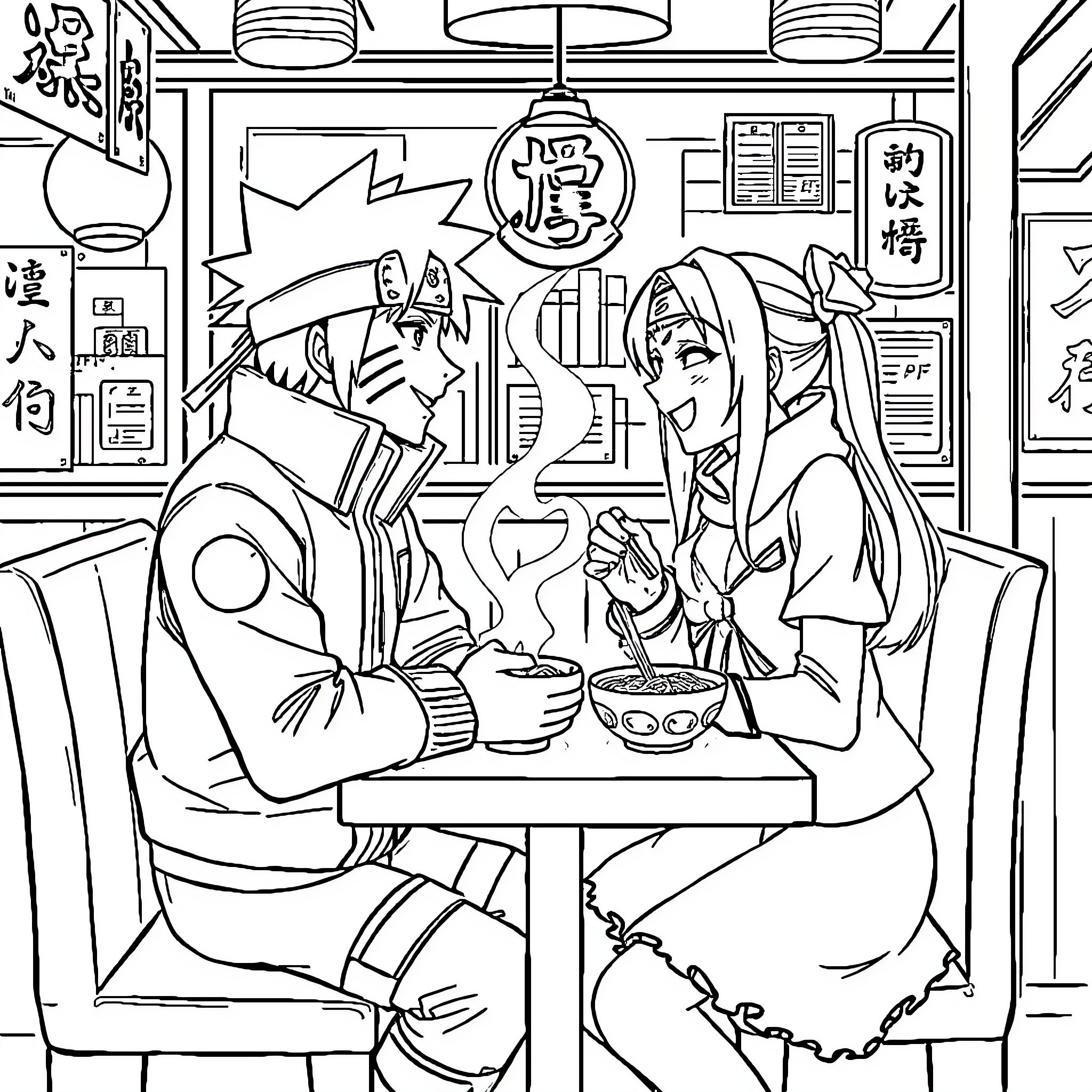 Naruto Characters Enjoying a Meal Together Coloring Page (free black-and-white line drawing printable PDF for all, from beginners to advanced learners, including children, teens, adults, and seniors)