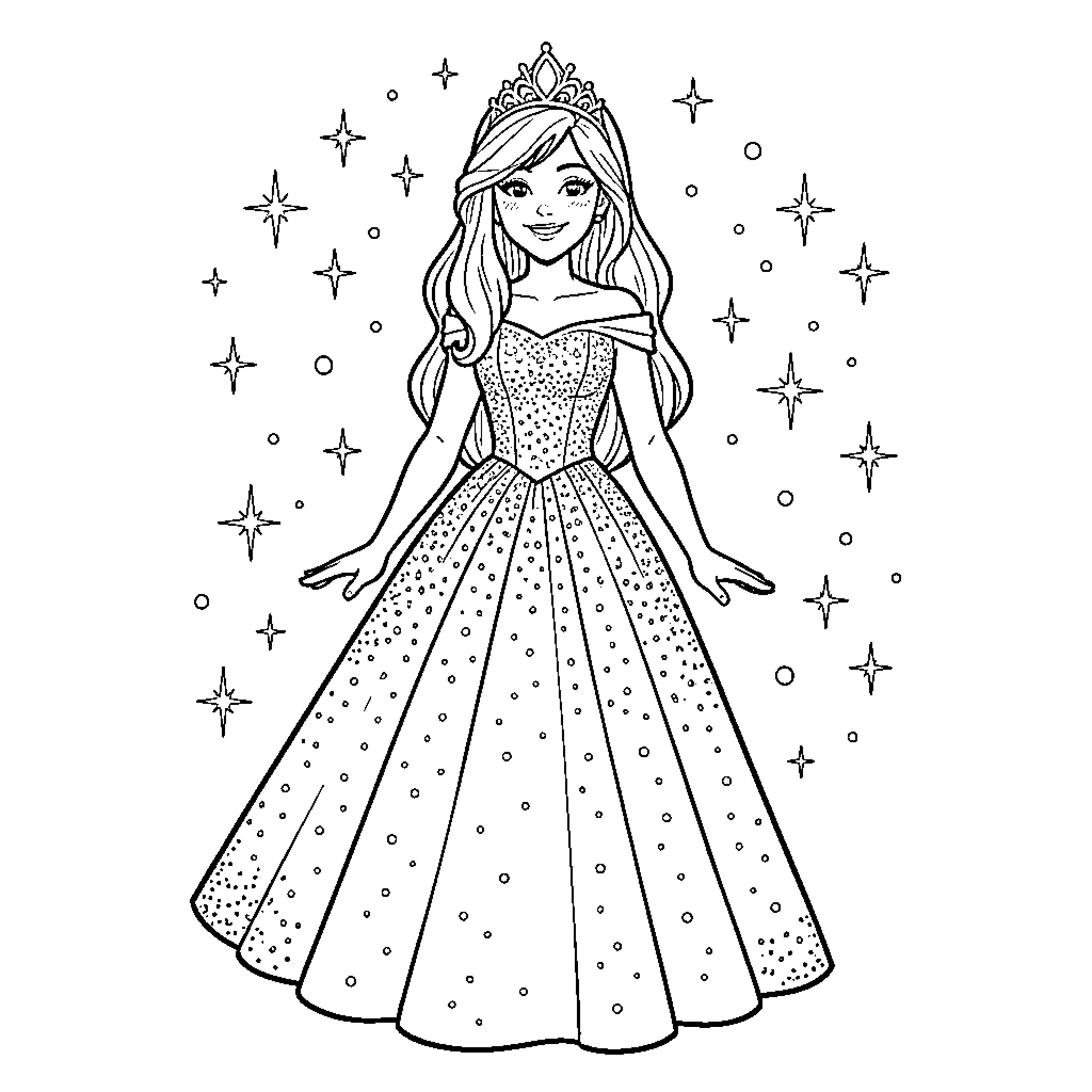 Glinda the Elegant Fairy Princess in Sparkling Gown Coloring Page (free black-and-white line drawing printable PDF for all, from beginners to advanced learners, including children, teens, adults, and seniors)