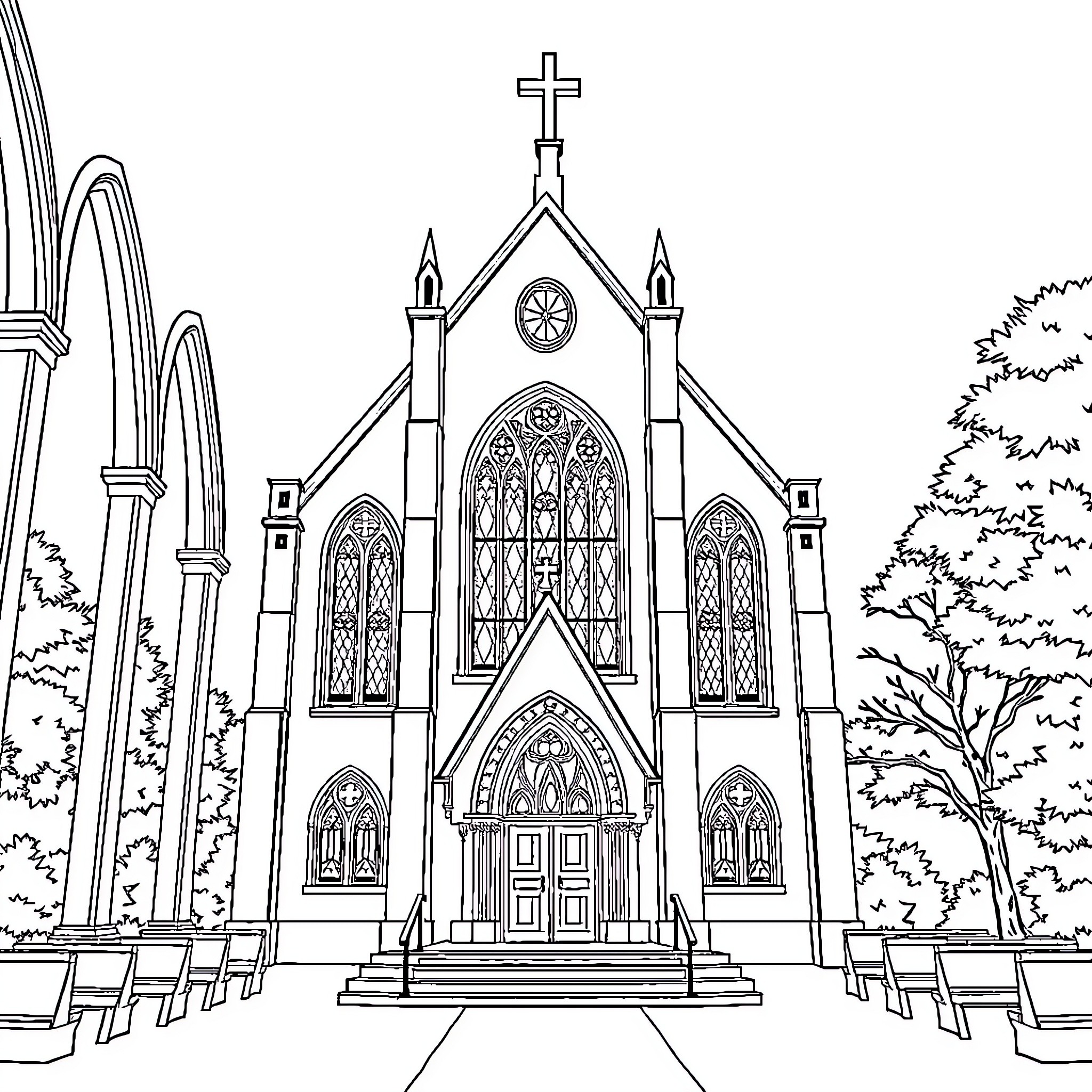 Church with Gothic Architecture and Stained Glass Windows Coloring Page (free black-and-white line drawing printable PDF for all, from beginners to advanced learners, including children, teens, adults, and seniors)
