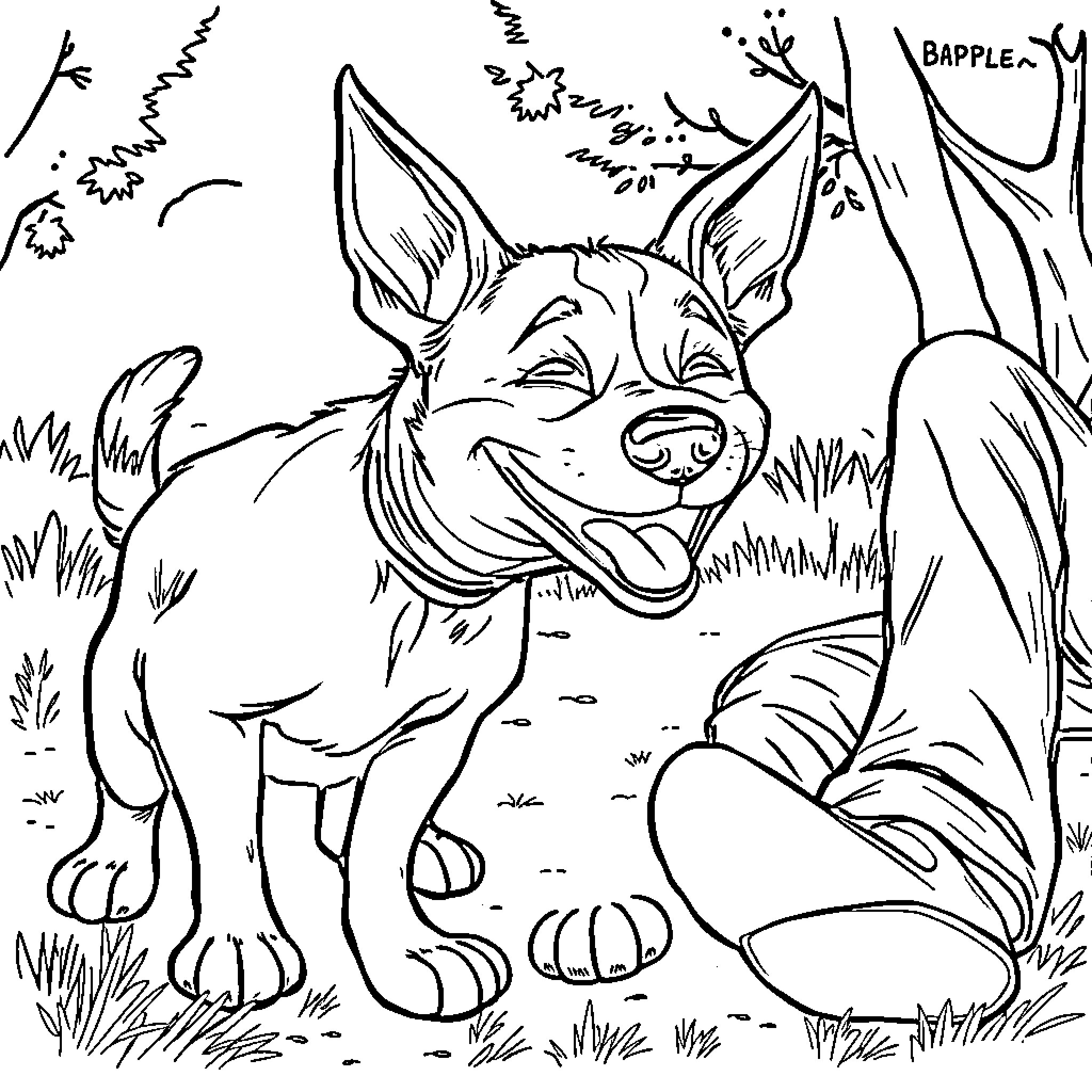 Jack Russell dog playing joyfully in nature Coloring Page (free black-and-white line drawing printable PDF for all, from beginners to advanced learners, including children, teens, adults, and seniors)