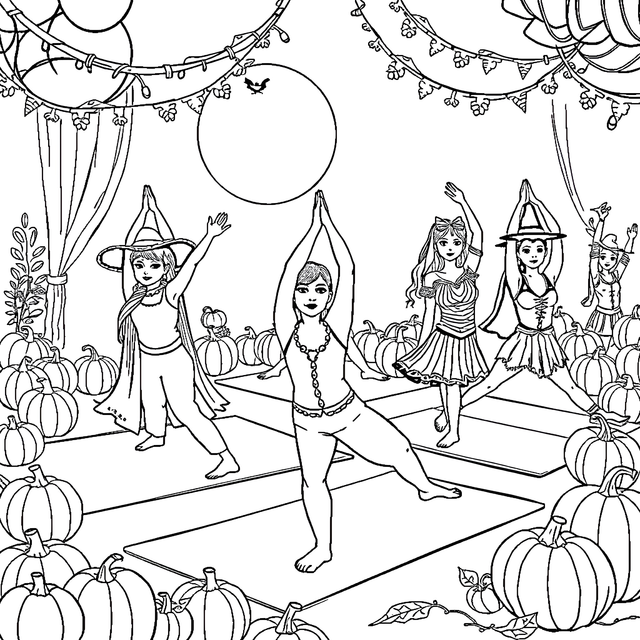 Yoga Celebration with Witches and Pumpkins Coloring Page (free black-and-white line drawing printable PDF for all, from beginners to advanced learners, including children, teens, adults, and seniors)