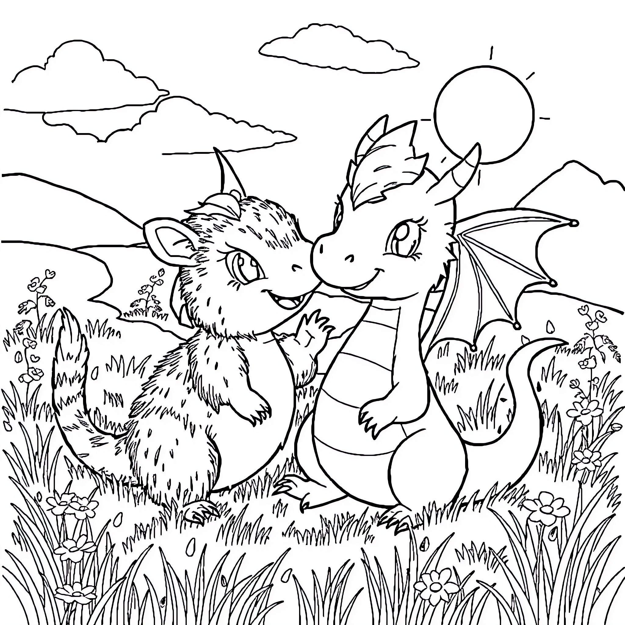 Dragon friends exploring the enchanted landscape Coloring Page (free black-and-white line drawing printable PDF for all, from beginners to advanced learners, including children, teens, adults, and seniors)