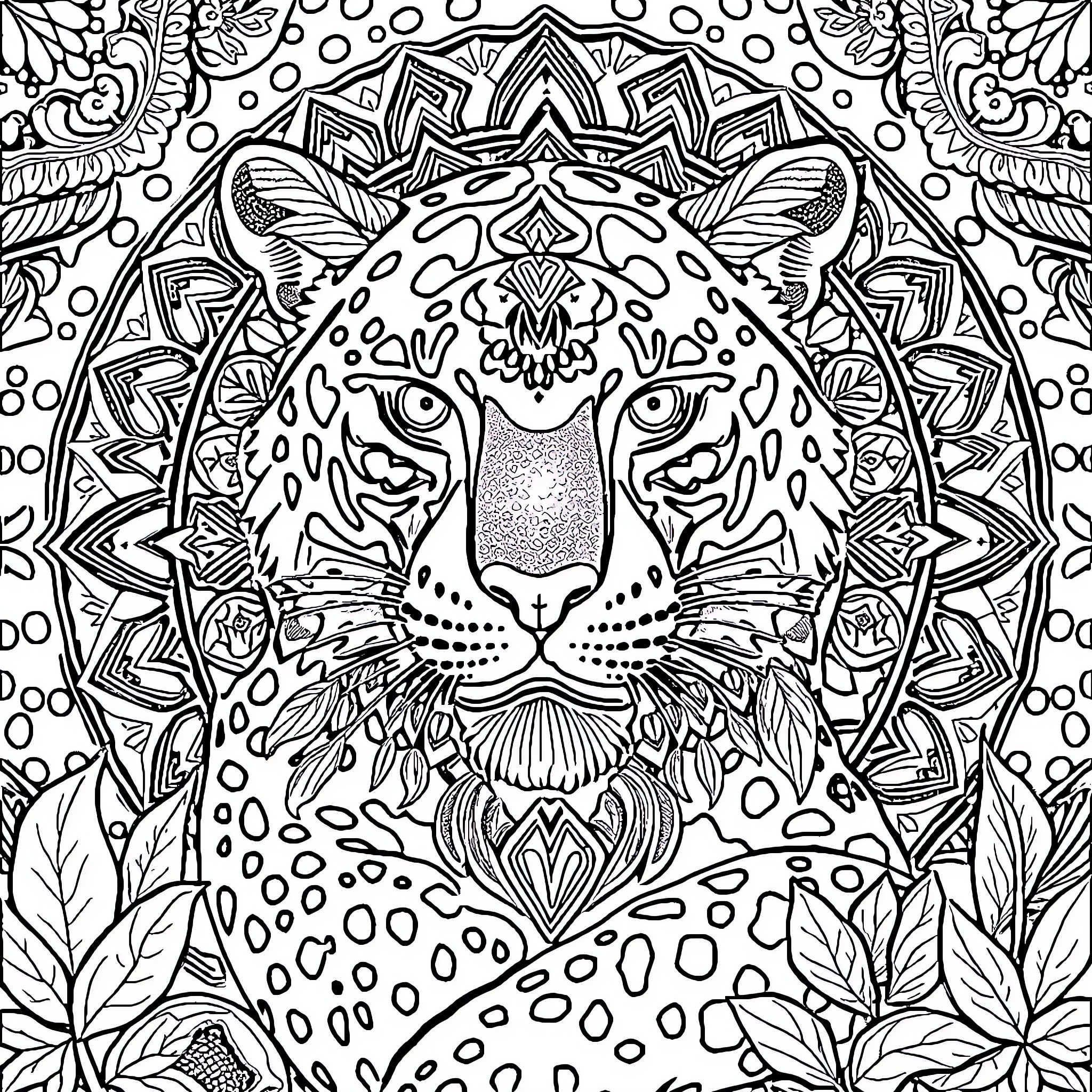 Jaguar in Intricate Mandala Artwork Coloring Page (free black-and-white line drawing printable PDF for all, from beginners to advanced learners, including children, teens, adults, and seniors)