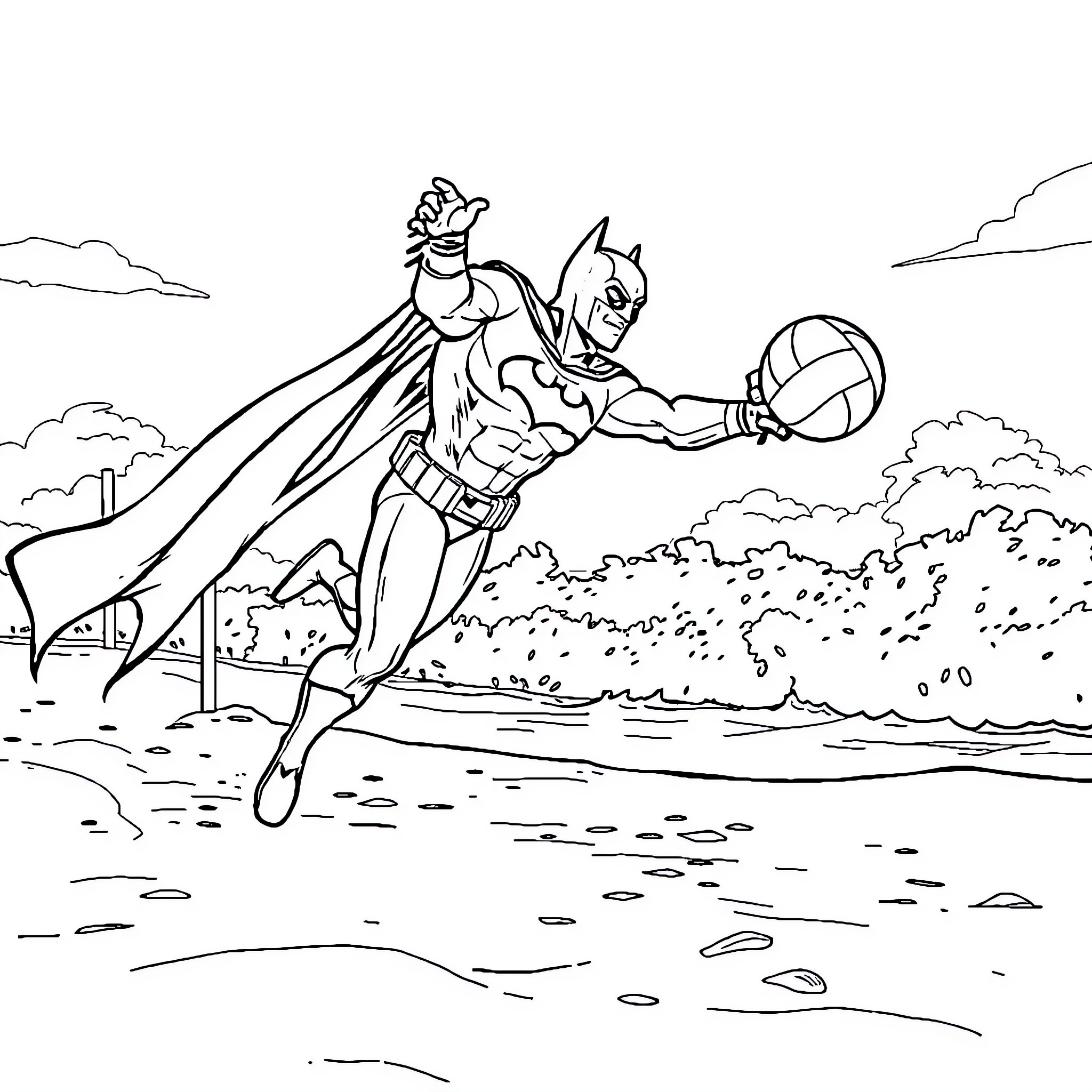 Batman's heroic action with a volleyball in the city Coloring Page (free black-and-white line drawing printable PDF for all, from beginners to advanced learners, including children, teens, adults, and seniors)