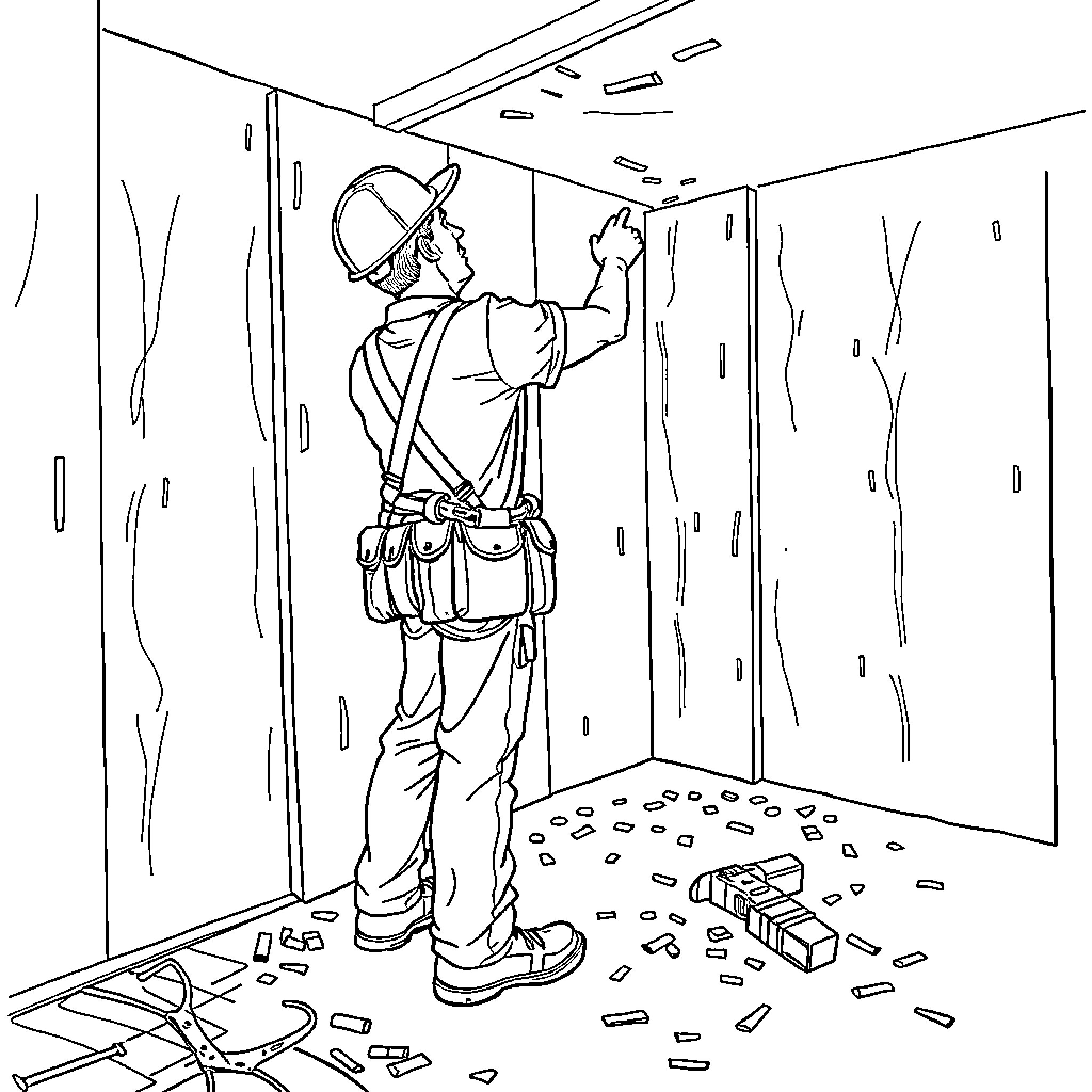Drywaller installing drywall in construction site Coloring Page (free black-and-white line drawing printable PDF for all, from beginners to advanced learners, including children, teens, adults, and seniors)