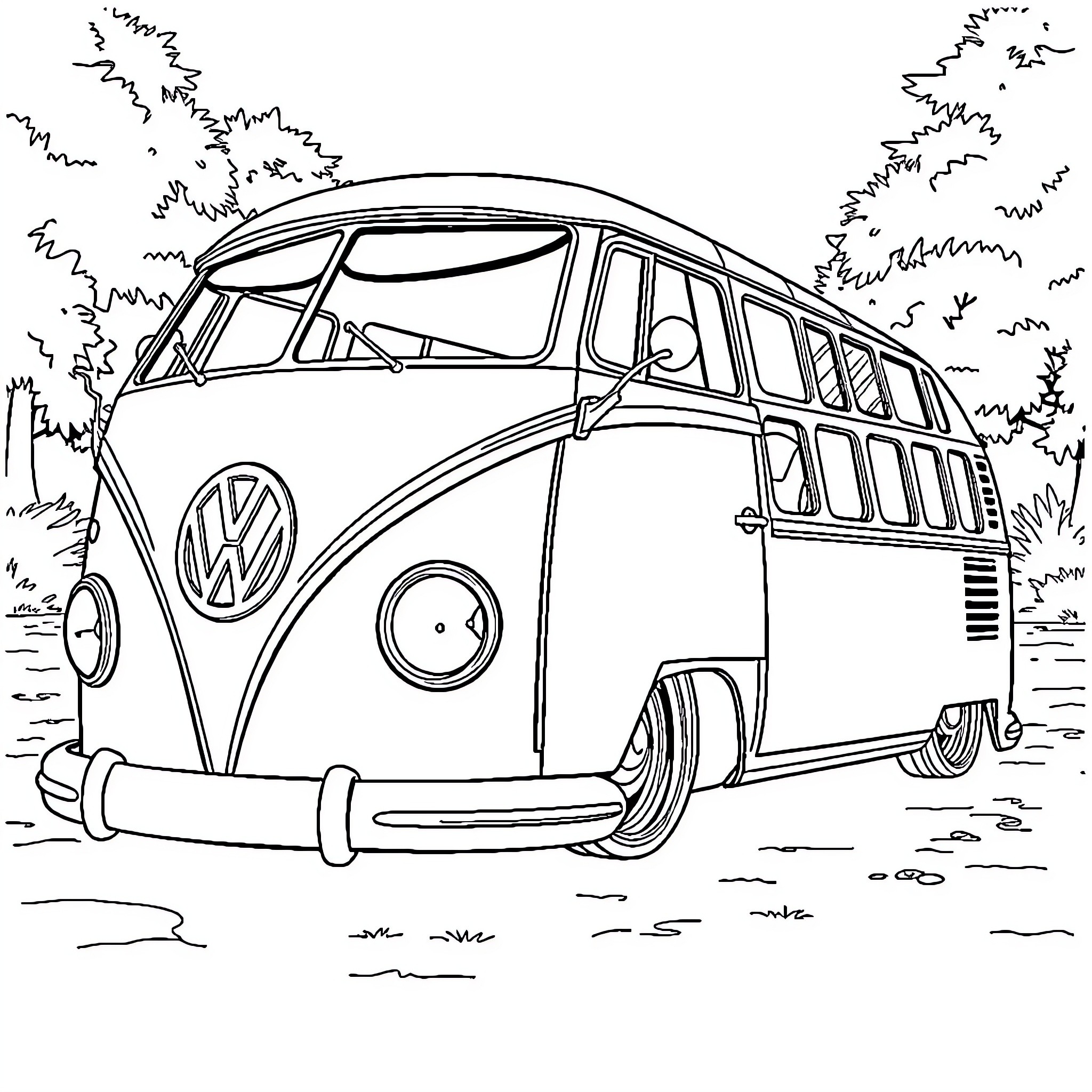 VW Bus on a nature-filled landscape Coloring Page (free black-and-white line drawing printable PDF for all, from beginners to advanced learners, including children, teens, adults, and seniors)