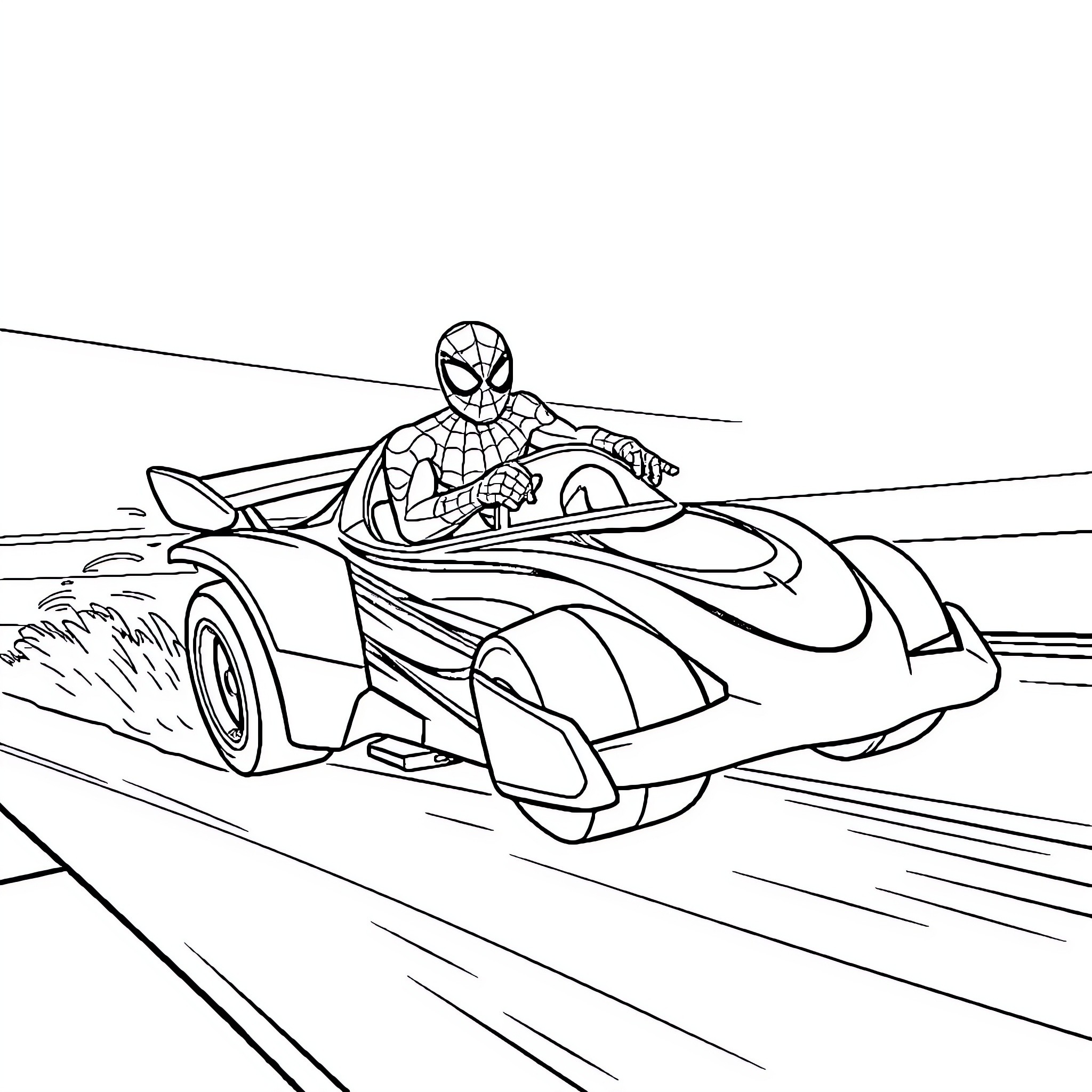 Hotwheels superhero racing through the track Coloring Page (free black-and-white line drawing printable PDF for all, from beginners to advanced learners, including children, teens, adults, and seniors)