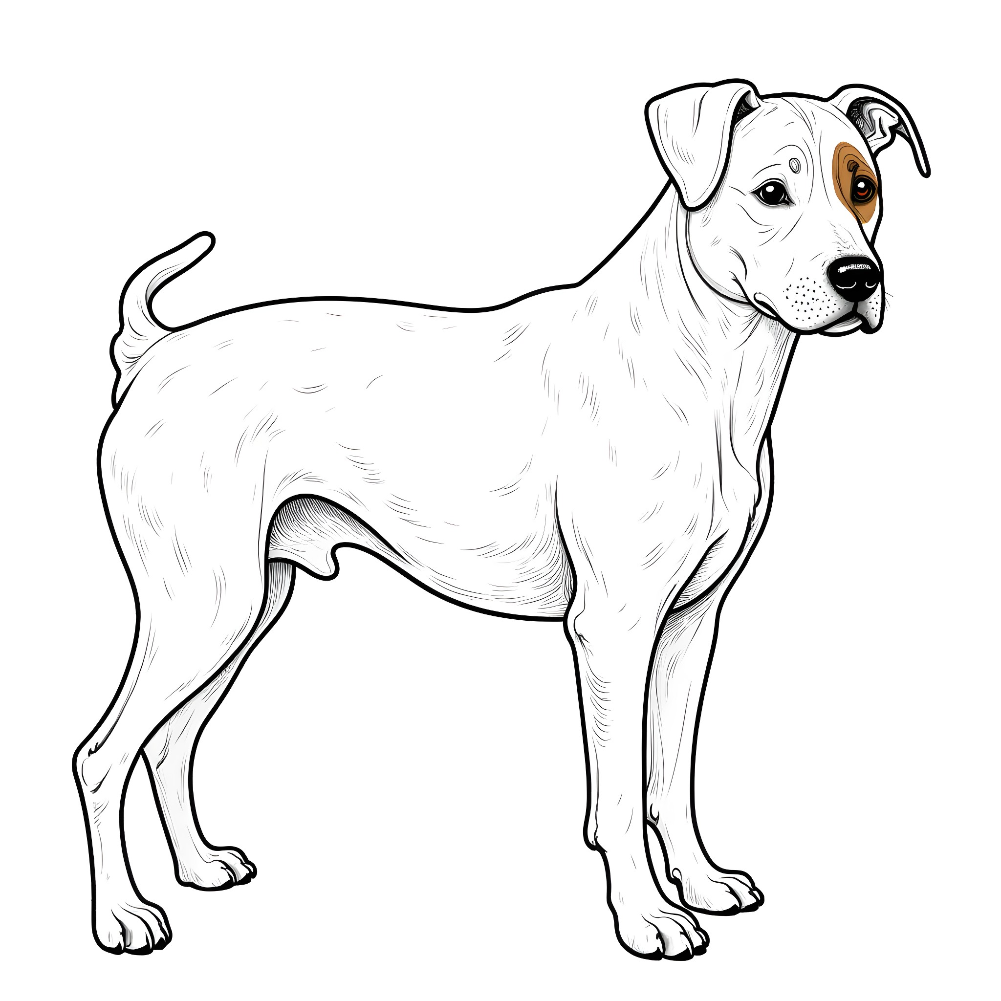 Dog standing alert in a simple setting Coloring Page (free black-and-white line drawing printable PDF for all, from beginners to advanced learners, including children, teens, adults, and seniors)