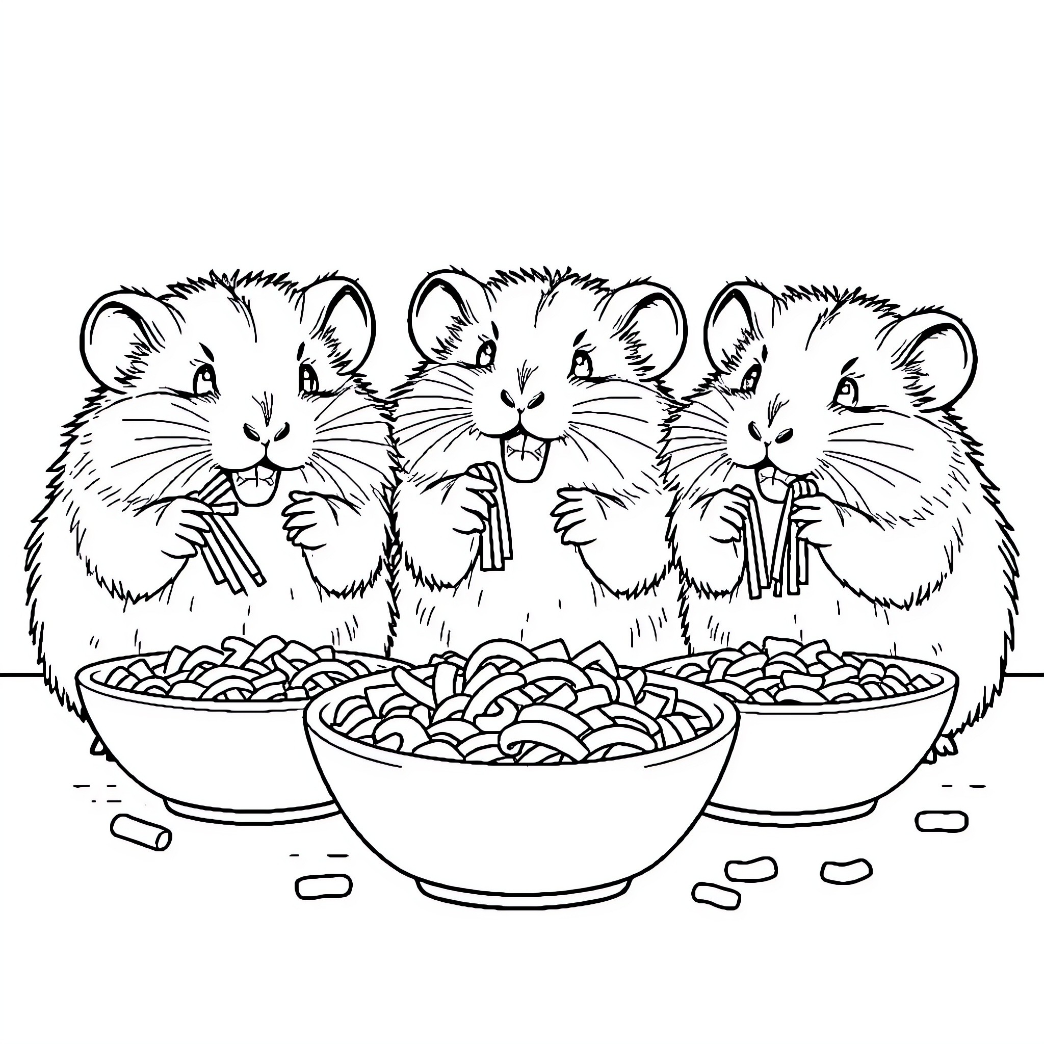 Hamsters enjoying a hearty meal together Coloring Page (free black-and-white line drawing printable PDF for all, from beginners to advanced learners, including children, teens, adults, and seniors)