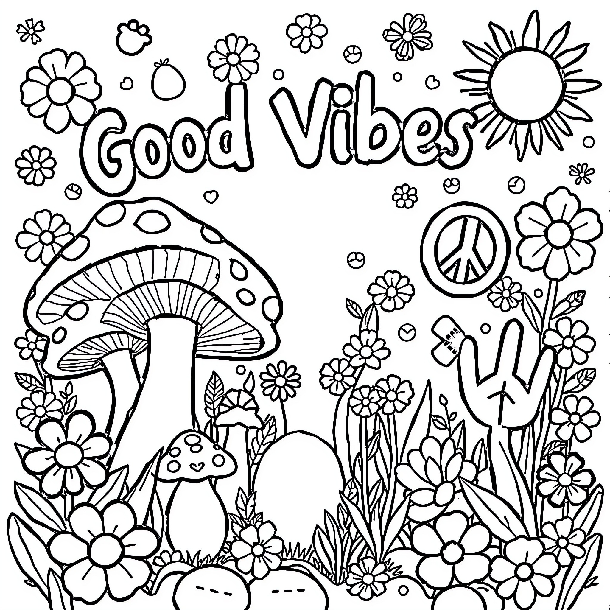 Mushroom Garden with Flowers and Good Vibes Coloring Page (free black-and-white line drawing printable PDF for all, from beginners to advanced learners, including children, teens, adults, and seniors)