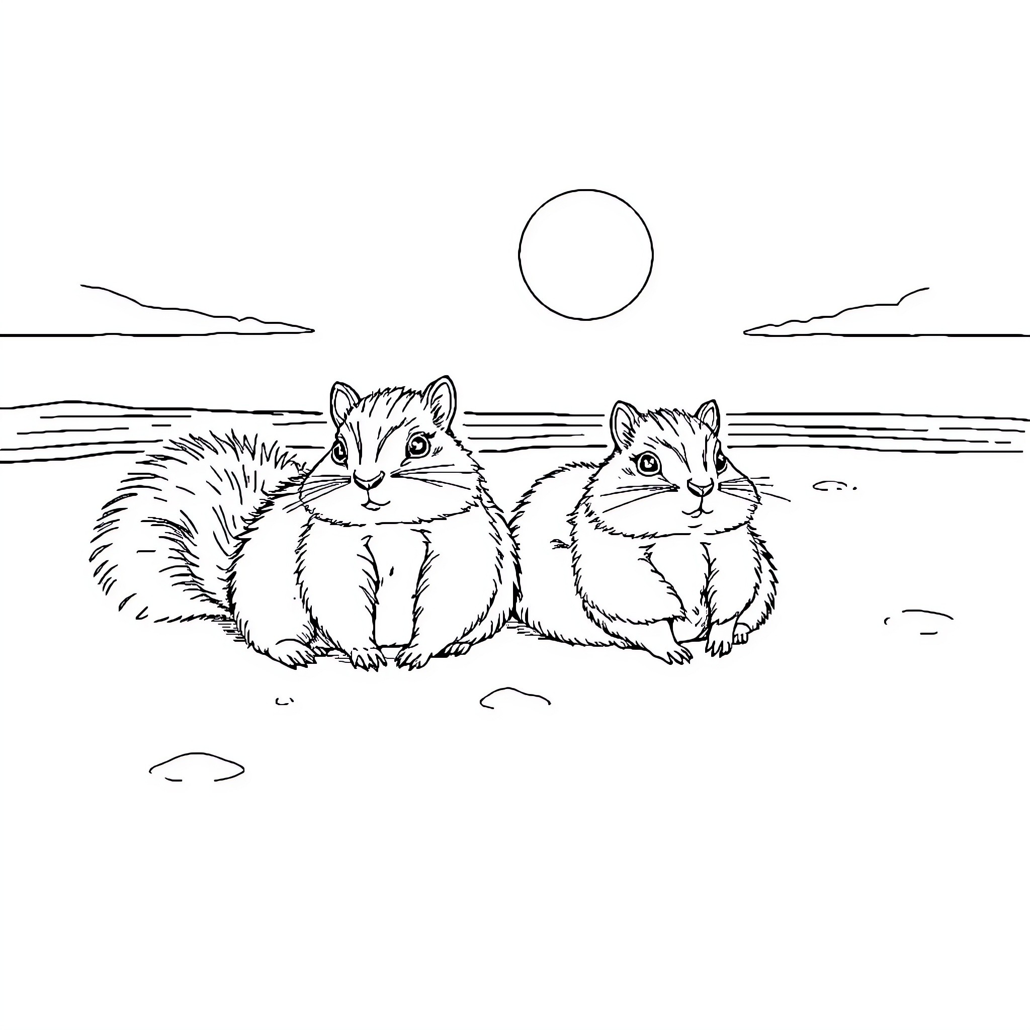 Squirrels enjoying the serene landscape Coloring Page (free black-and-white line drawing printable PDF for all, from beginners to advanced learners, including children, teens, adults, and seniors)