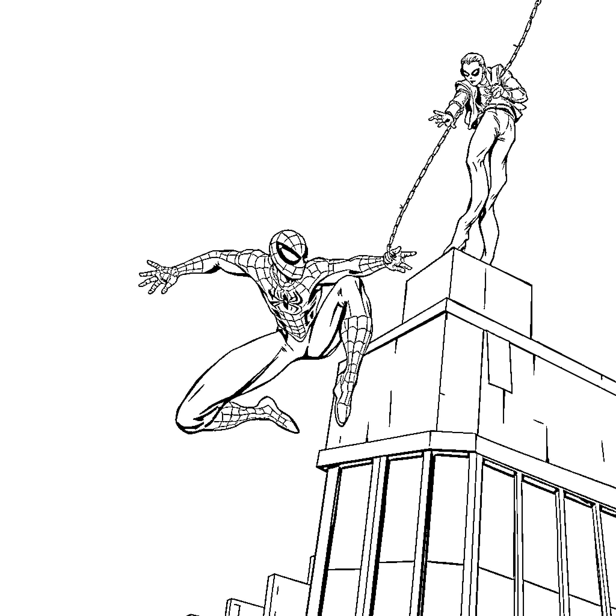 Spider-Man swinging heroically through the city Coloring Page (free black-and-white line drawing printable PDF for all, from beginners to advanced learners, including children, teens, adults, and seniors)