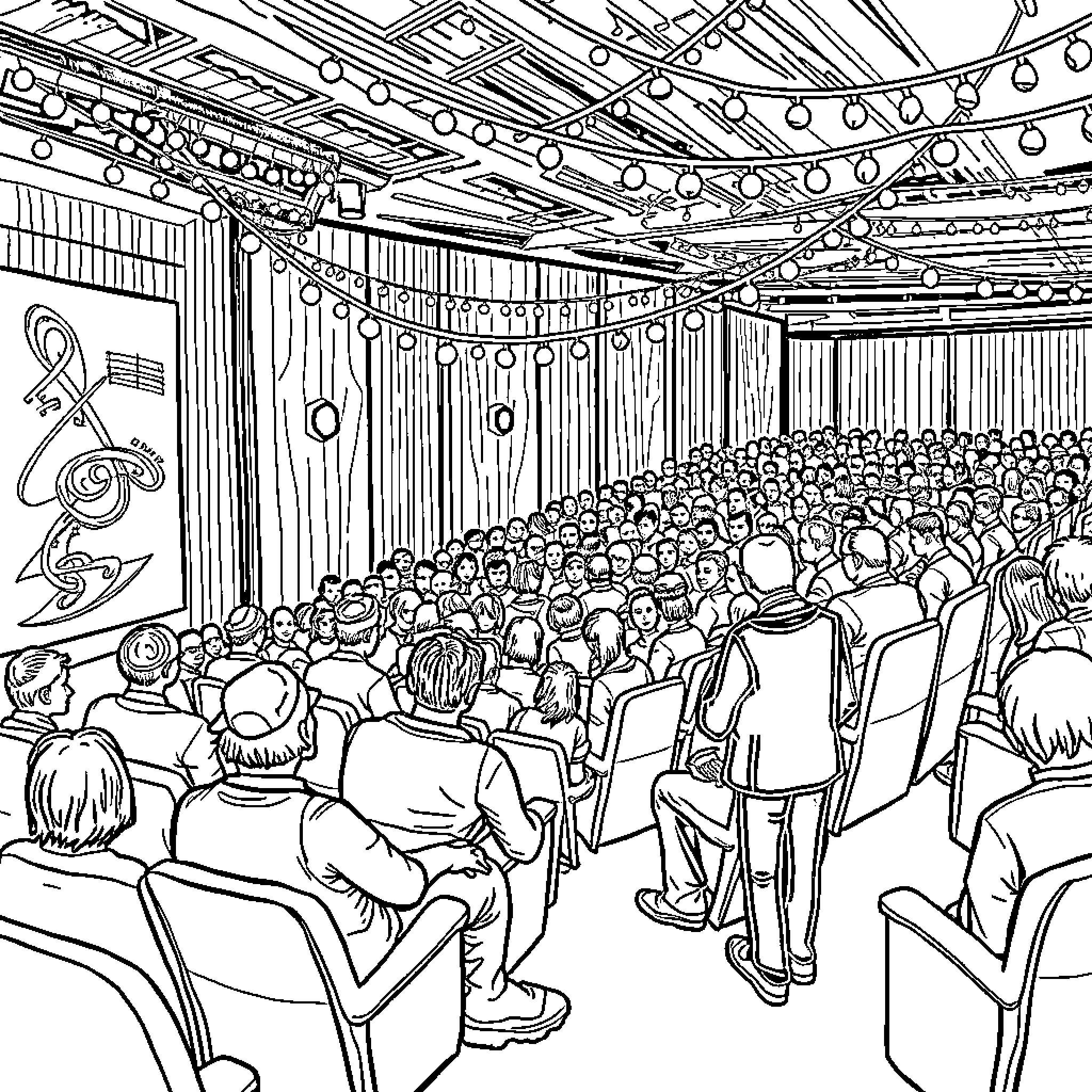 Festival of Music and Celebration in a Packed Auditorium Coloring Page (free black-and-white line drawing printable PDF for all, from beginners to advanced learners, including children, teens, adults, and seniors)