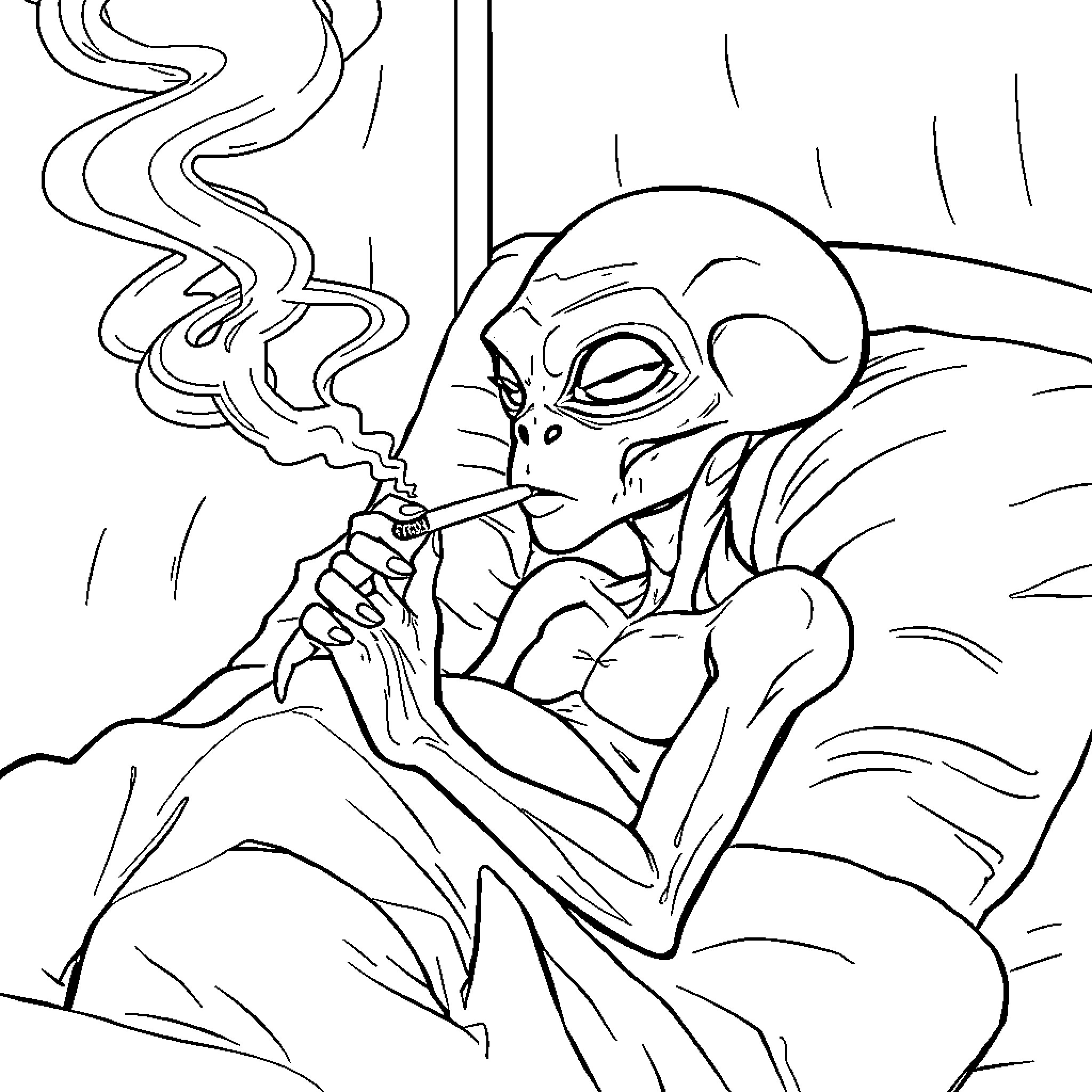 Alien smoking cigarette in gloomy environment Coloring Page (free black-and-white line drawing printable PDF for all, from beginners to advanced learners, including children, teens, adults, and seniors)