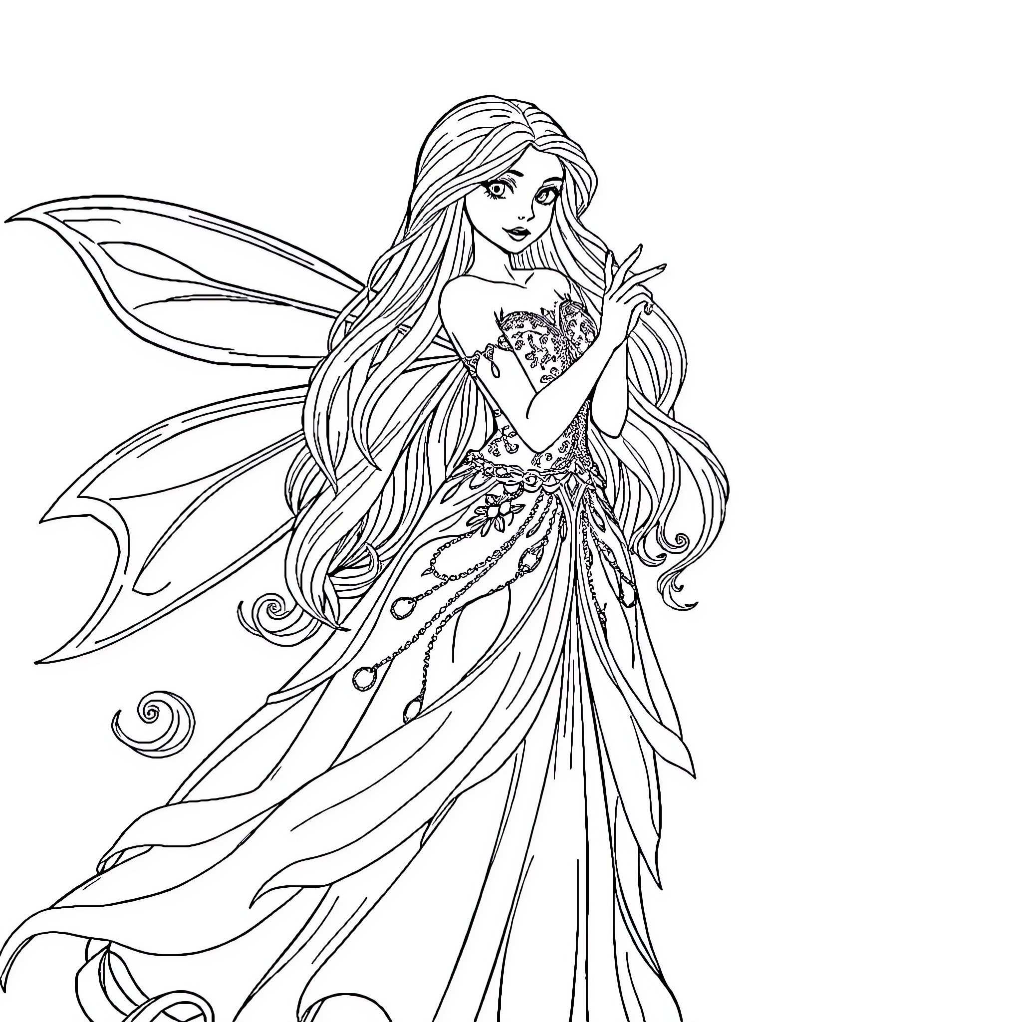 Fairy in a Flowing Gown with Graceful Wings Coloring Page (free black-and-white line drawing printable PDF for all, from beginners to advanced learners, including children, teens, adults, and seniors)