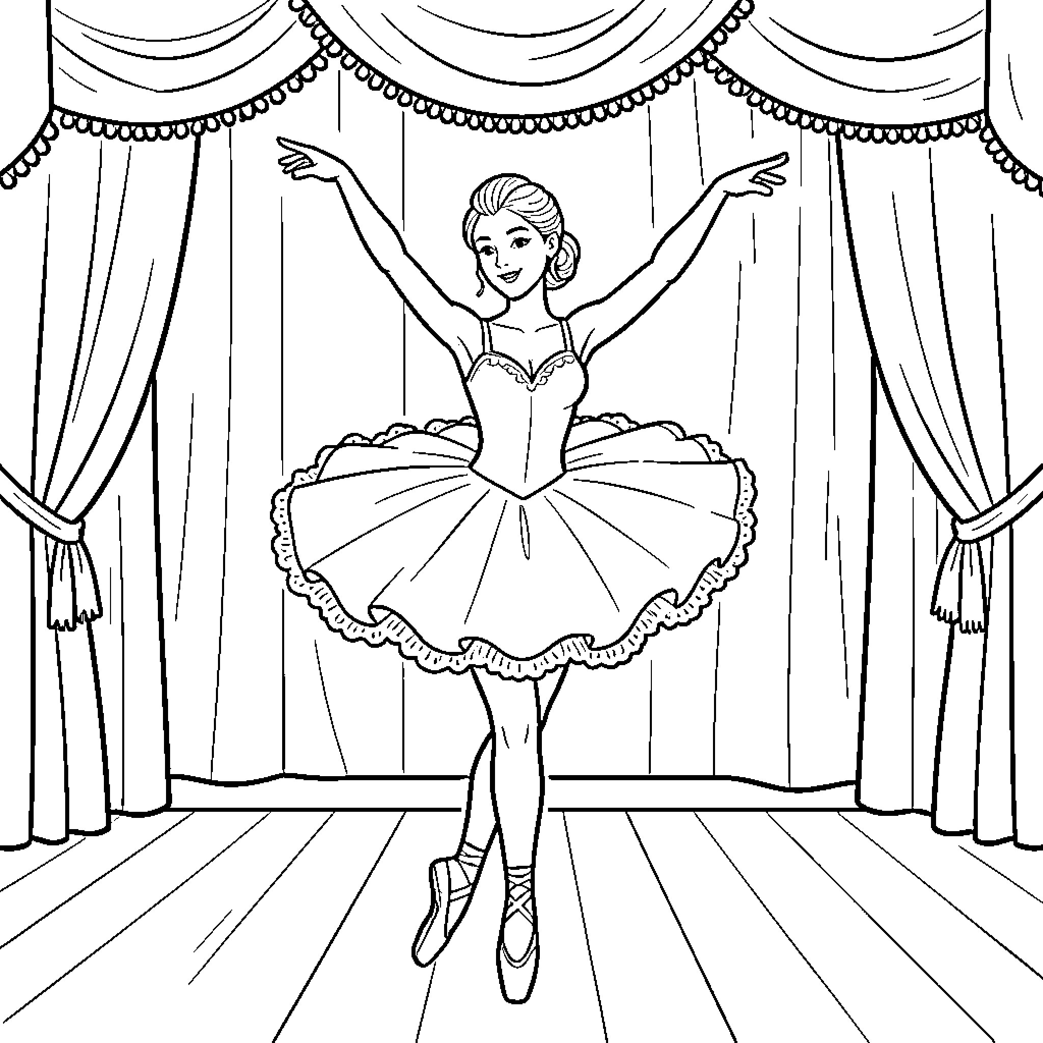 Ballerina performing a graceful dance on a stage Coloring Page (free black-and-white line drawing printable PDF for all, from beginners to advanced learners, including children, teens, adults, and seniors)
