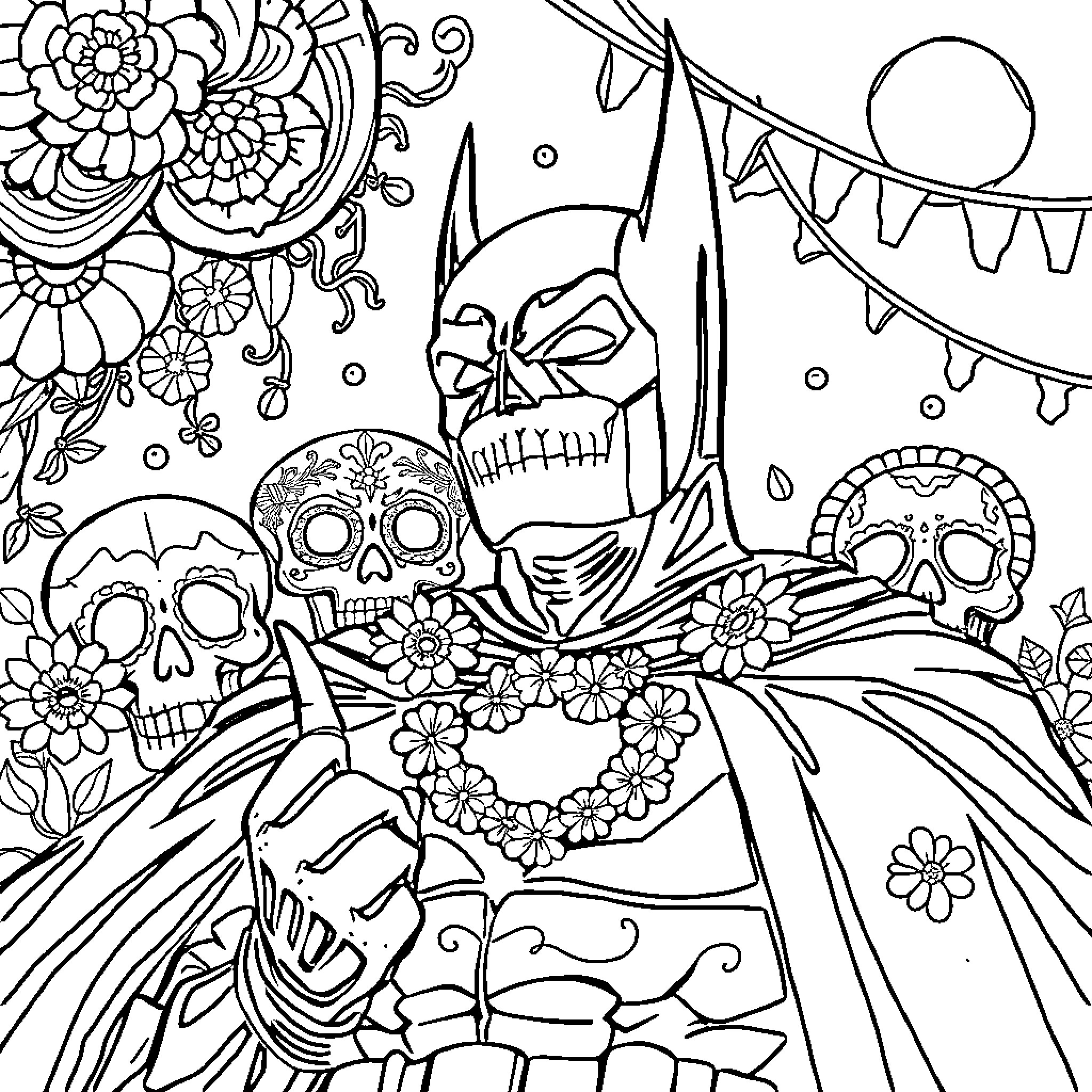 Batman's Vibrant Floral Adventure Coloring Page (free black-and-white line drawing printable PDF for all, from beginners to advanced learners, including children, teens, adults, and seniors)
