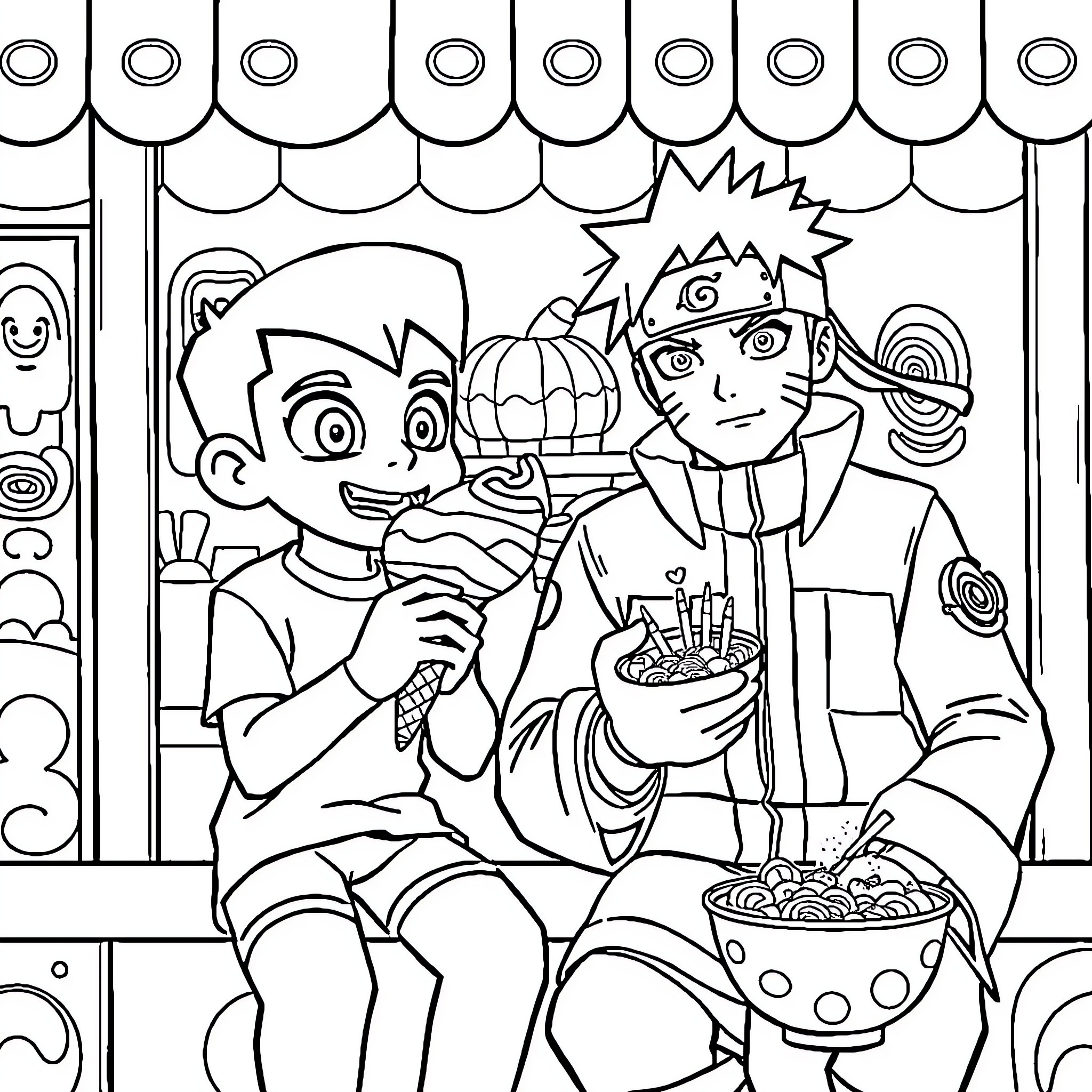Ben 10 enjoying a snack with his friend Coloring Page (free black-and-white line drawing printable PDF for all, from beginners to advanced learners, including children, teens, adults, and seniors)