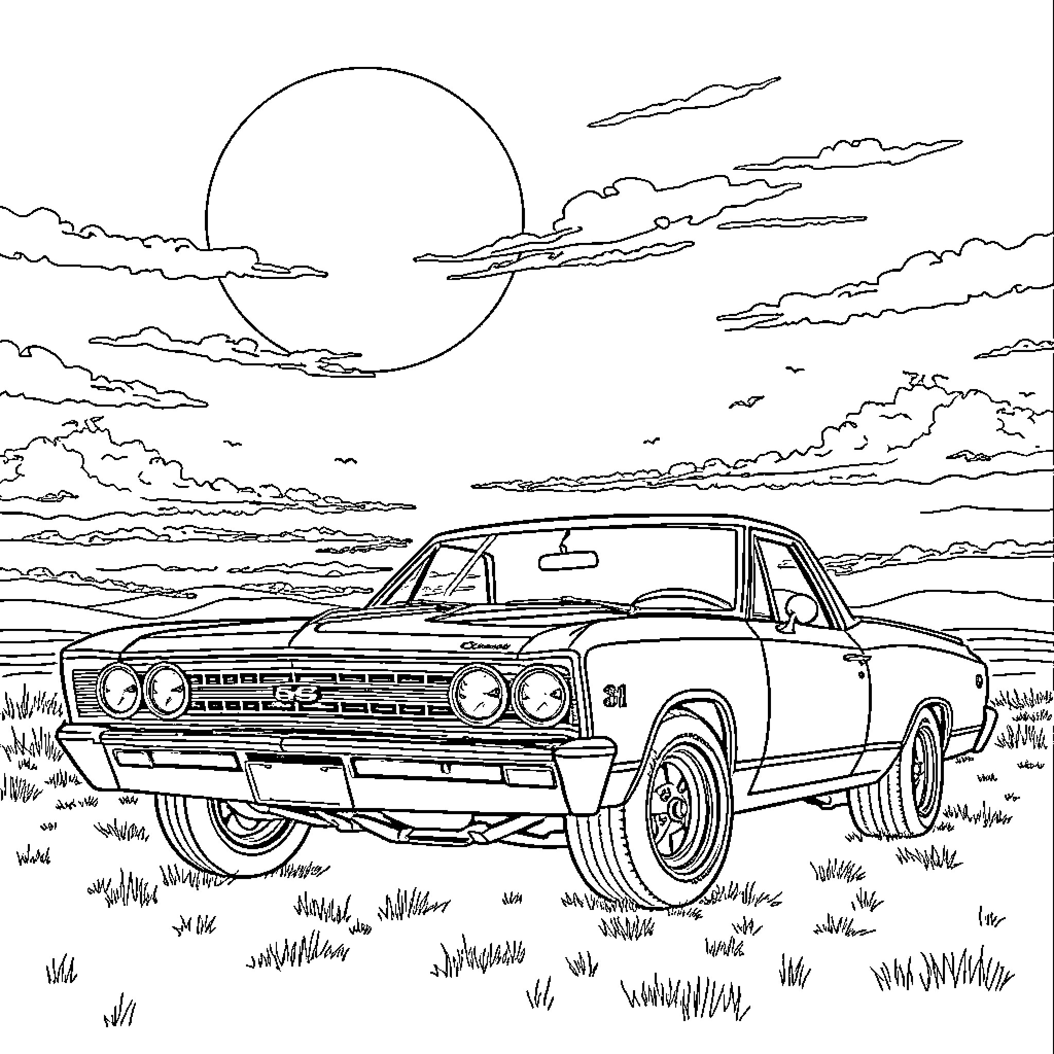 Chevy classic car driving in scenic landscape Coloring Page (free black-and-white line drawing printable PDF for all, from beginners to advanced learners, including children, teens, adults, and seniors)