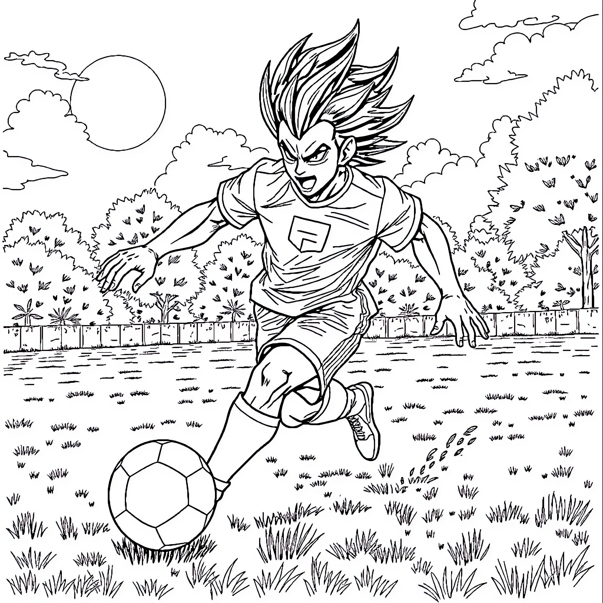 Kakarot playing soccer with passion in the field Coloring Page (free black-and-white line drawing printable PDF for all, from beginners to advanced learners, including children, teens, adults, and seniors)