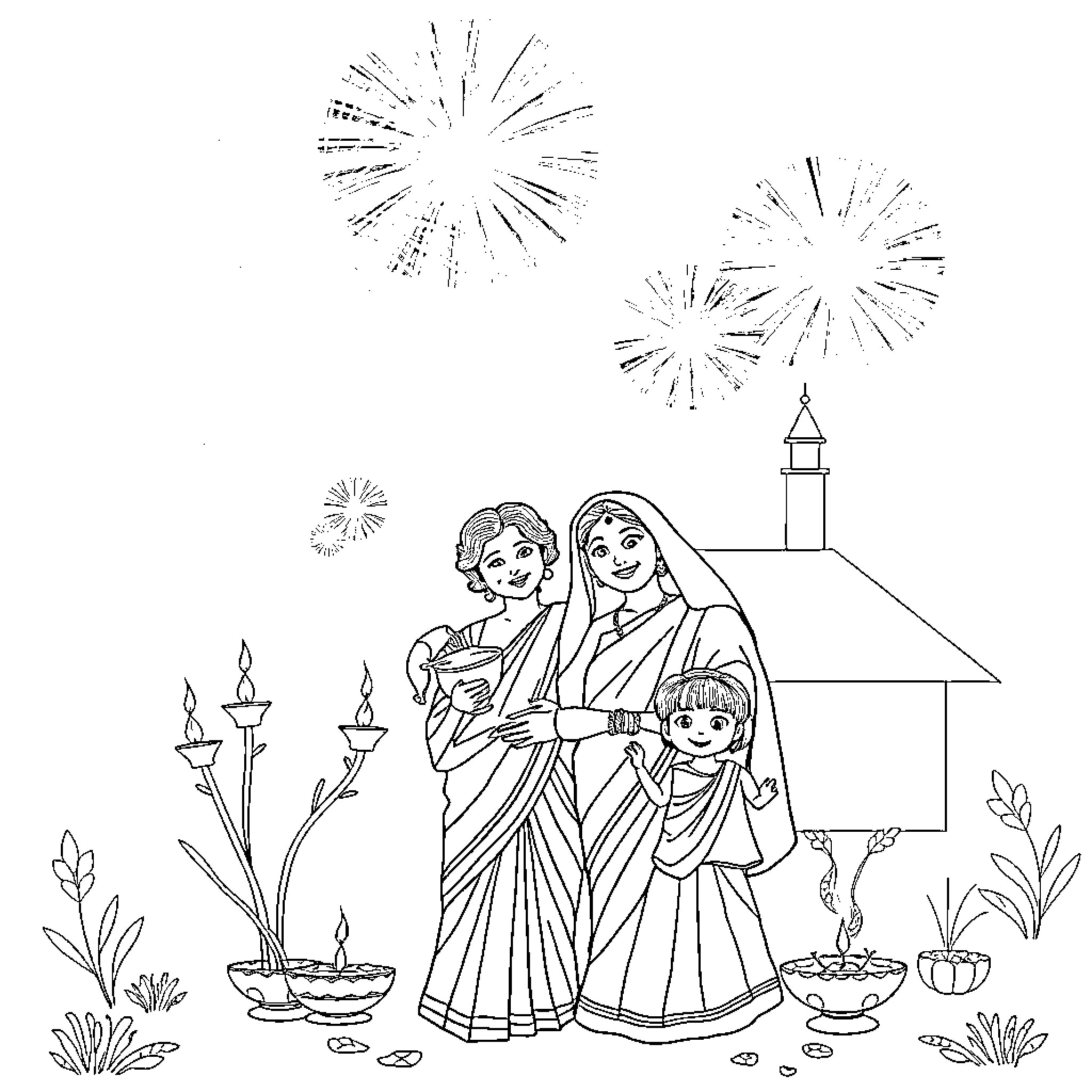 Family celebrating festive occasion with fireworks and candles Coloring Page (free black-and-white line drawing printable PDF for all, from beginners to advanced learners, including children, teens, adults, and seniors)