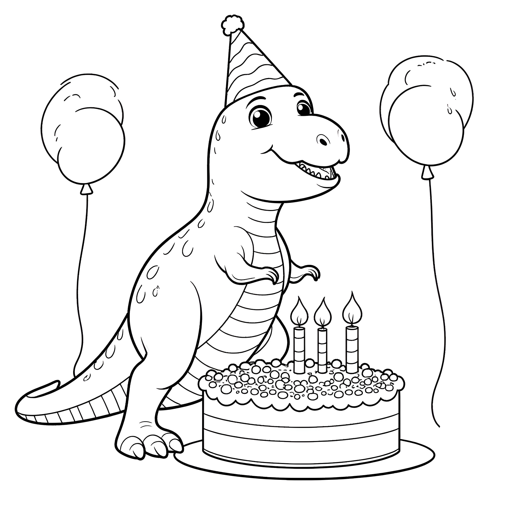 T-Rex celebrating birthday with cake and balloons Coloring Page (free black-and-white line drawing printable PDF for all, from beginners to advanced learners, including children, teens, adults, and seniors)