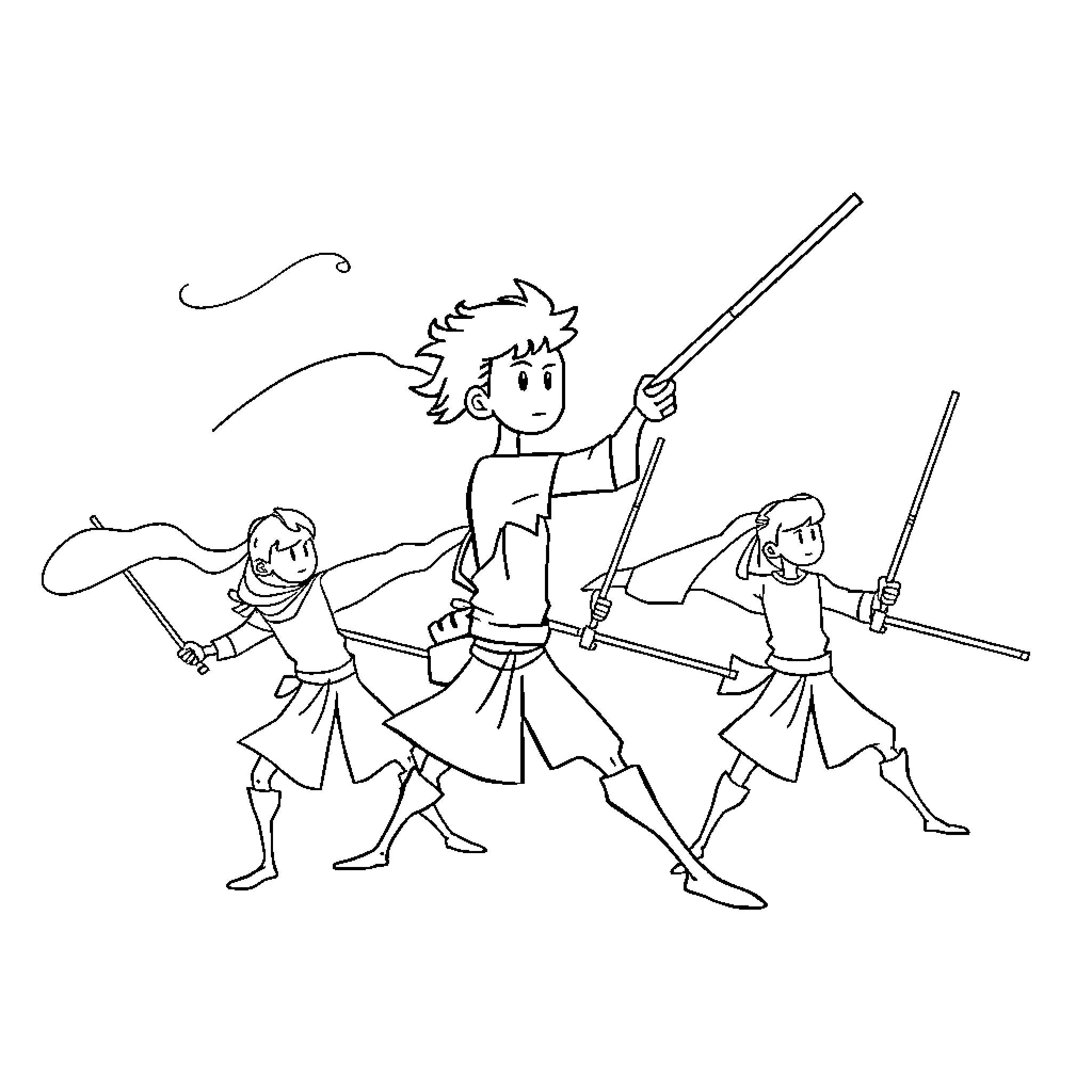 Stickman Warriors in Battle Formation Coloring Page (free black-and-white line drawing printable PDF for all, from beginners to advanced learners, including children, teens, adults, and seniors)