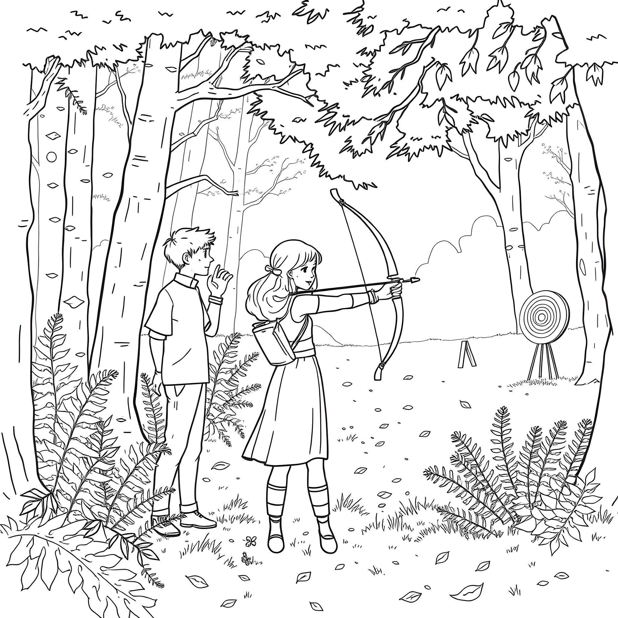 Archery practice in the forest wilderness Coloring Page (free black-and-white line drawing printable PDF for all, from beginners to advanced learners, including children, teens, adults, and seniors)