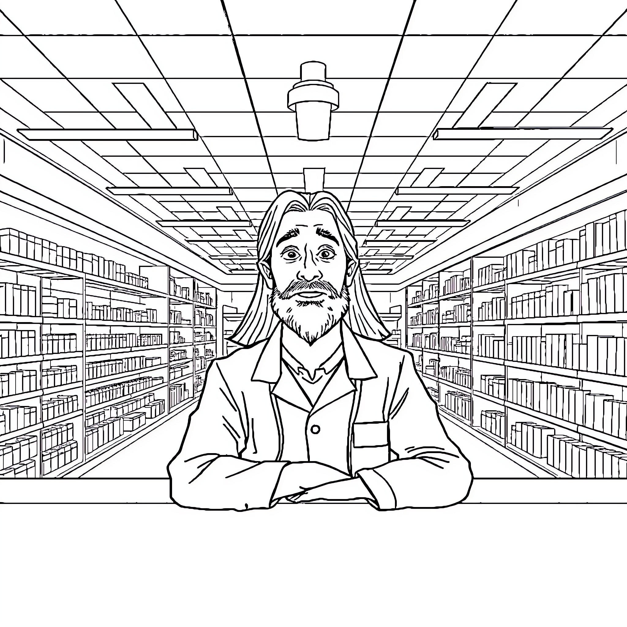 Pharmacist standing in a pharmacy Coloring Page (free black-and-white line drawing printable PDF for all, from beginners to advanced learners, including children, teens, adults, and seniors)