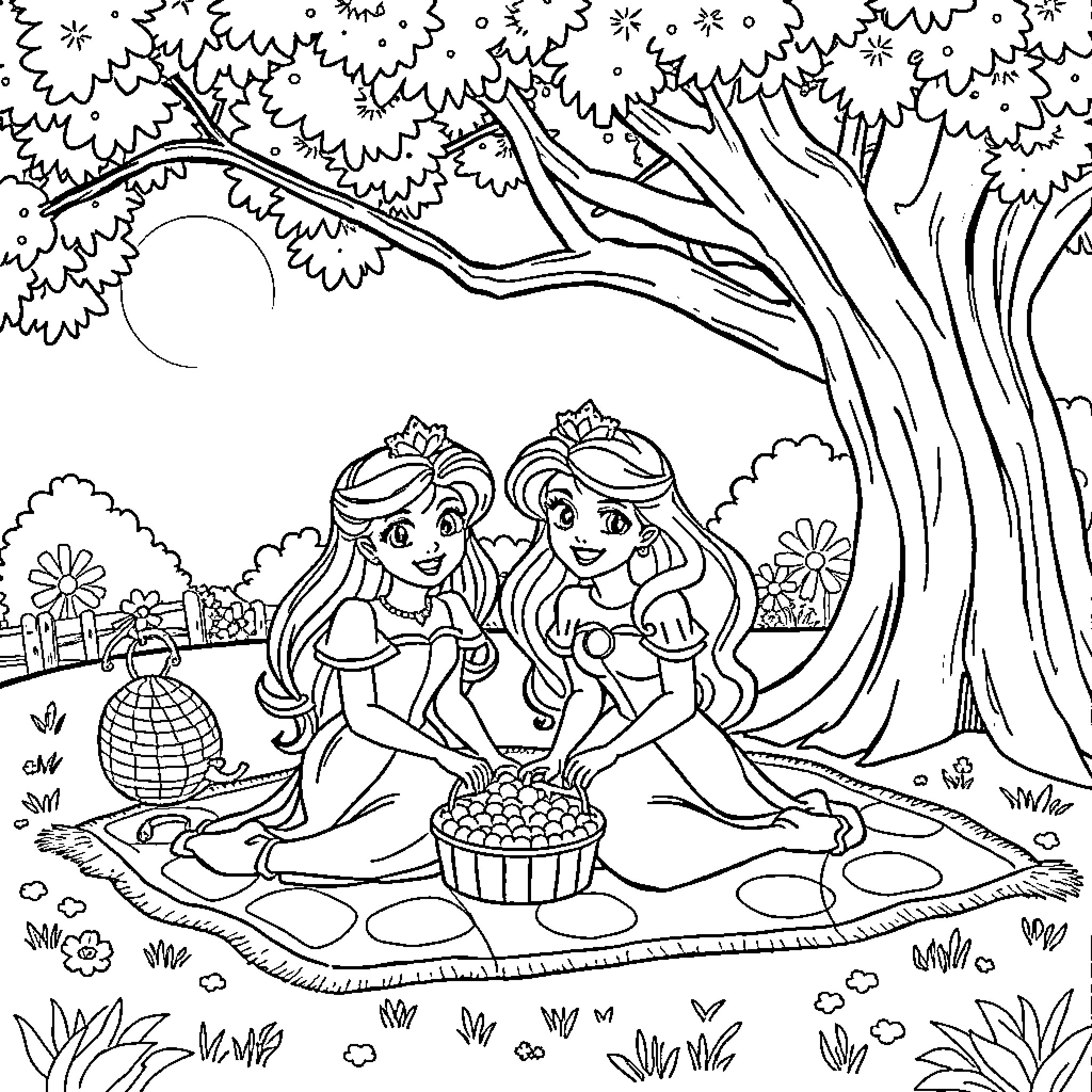 Princess Sisters Enjoying Outdoor Picnic Coloring Page (free black-and-white line drawing printable PDF for all, from beginners to advanced learners, including children, teens, adults, and seniors)